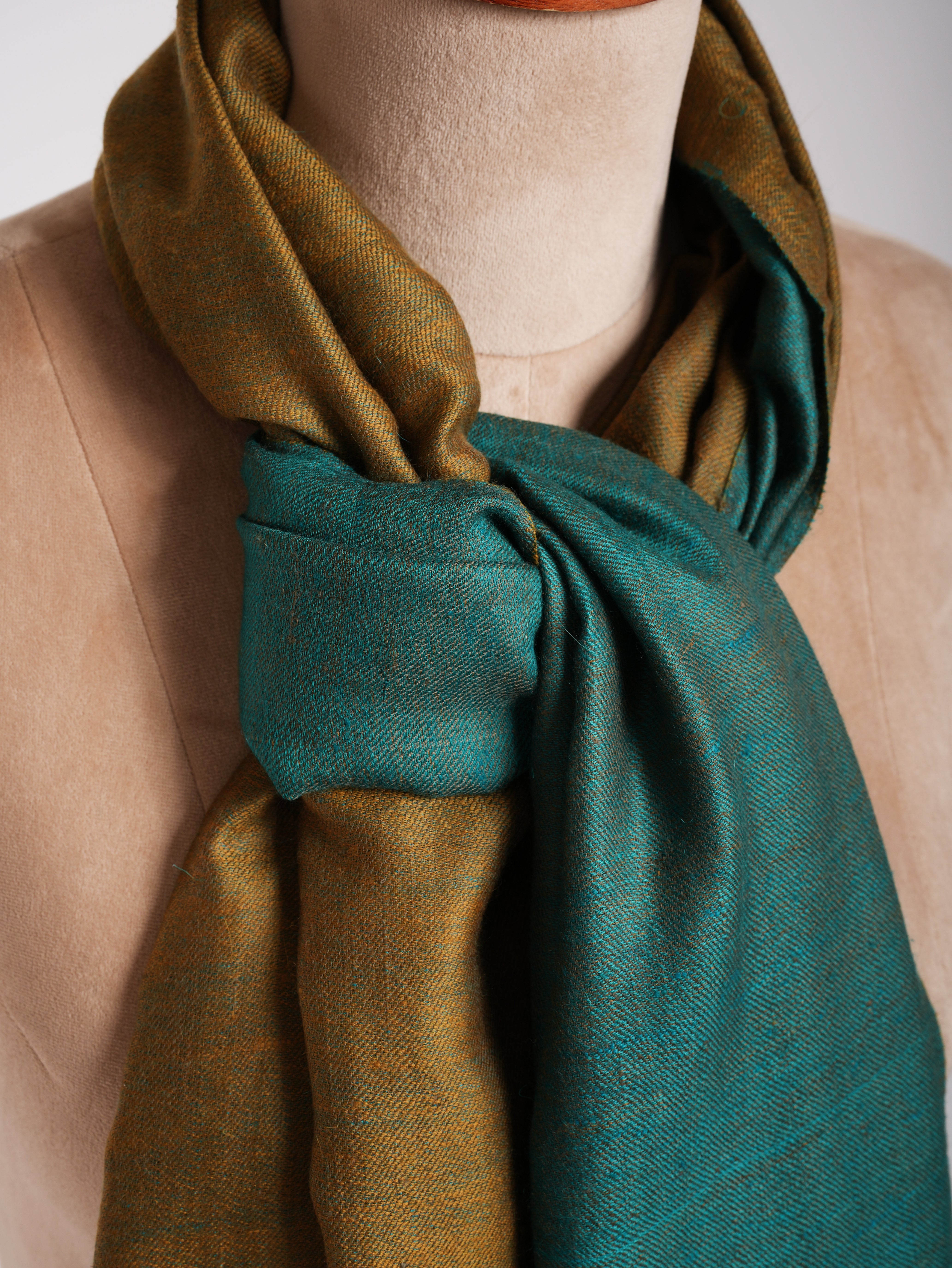 Shaded Spruce and Mustard Dorukha Cashmere Pashmina Shawl