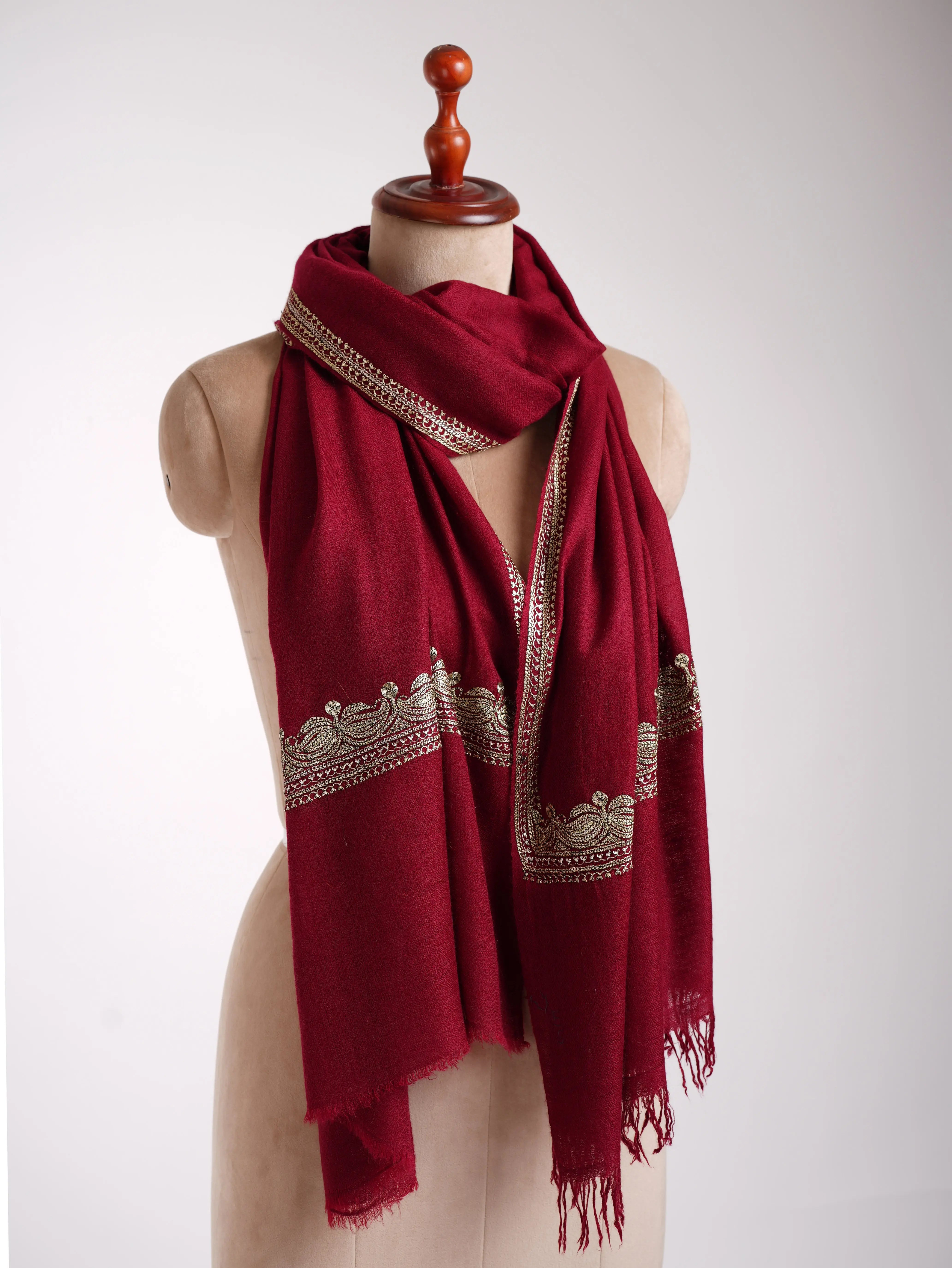 Artisan Crafted Maroon Cashmere Scarf with Hand Embroidered Tilla Shahkaar
