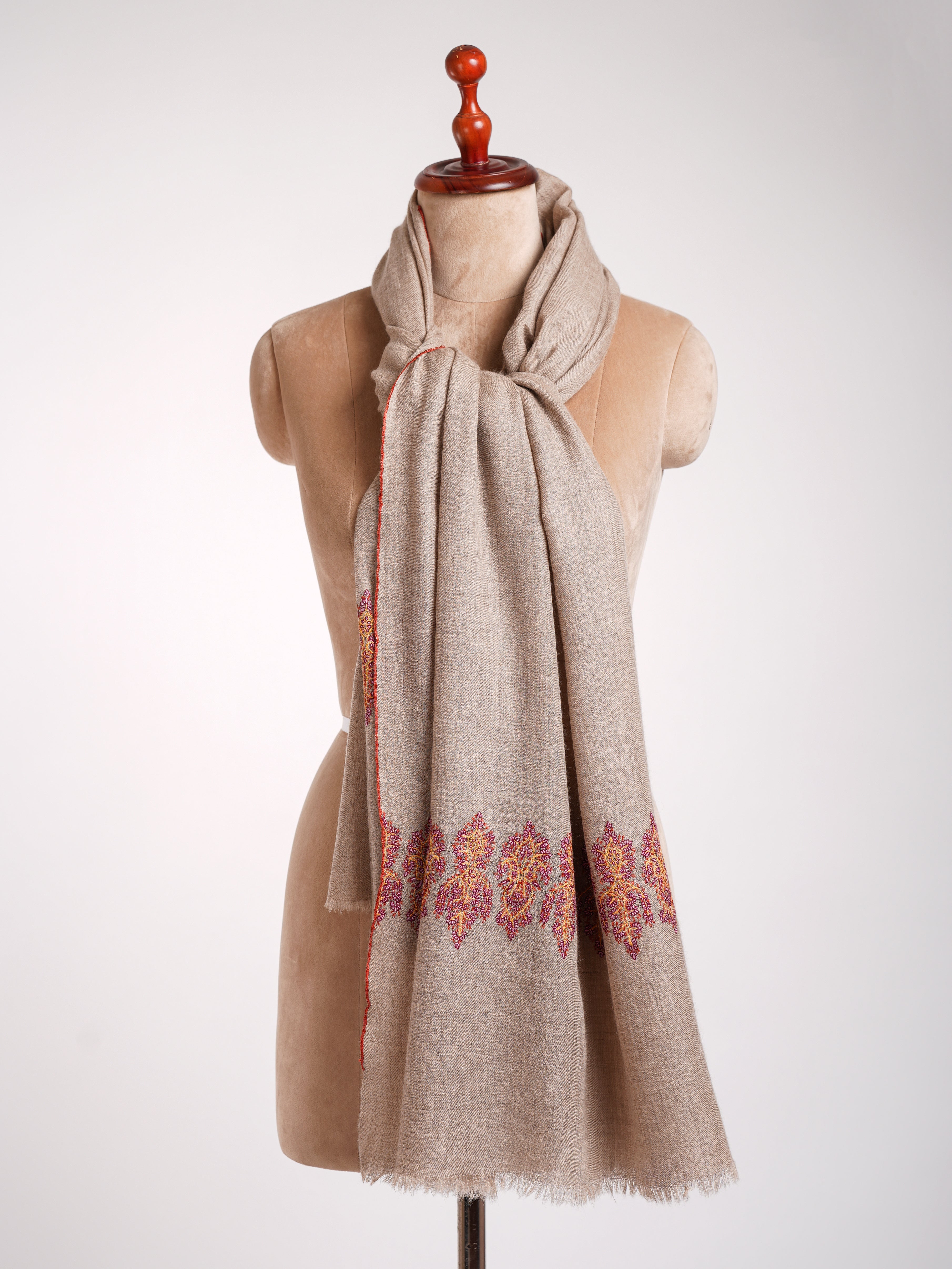 Natural Grey Palla Embroidered Kashmiri Cashmere Stole Shahkaar