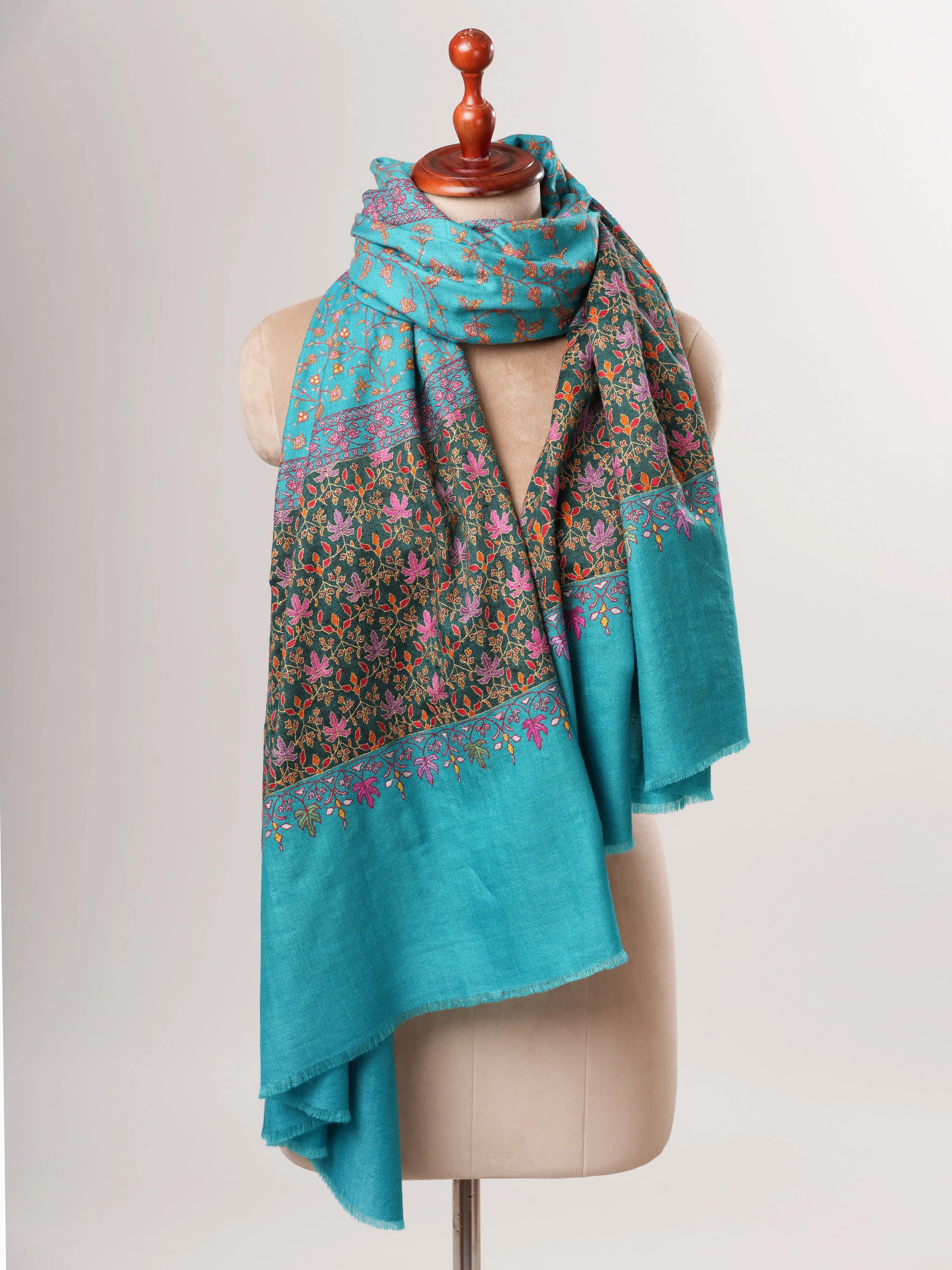 Turquoise Kashmiri Pashmina Shawl with Hand Embroidered Jali & Chinar Motifs Shahkaar
