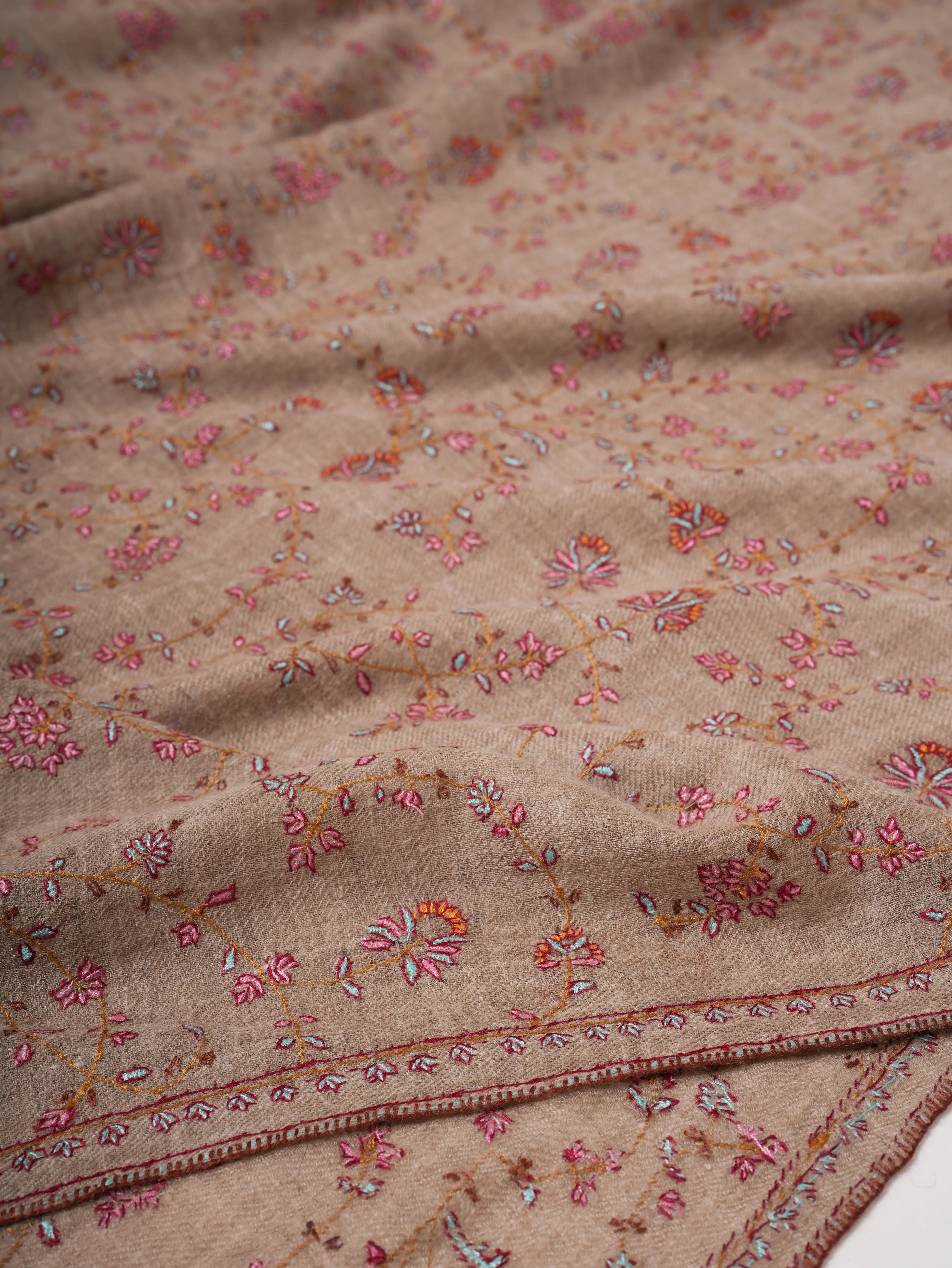 Natural Grey Baby Soft Pashmina Shawl with Fine Hand Embroidery Shahkaar