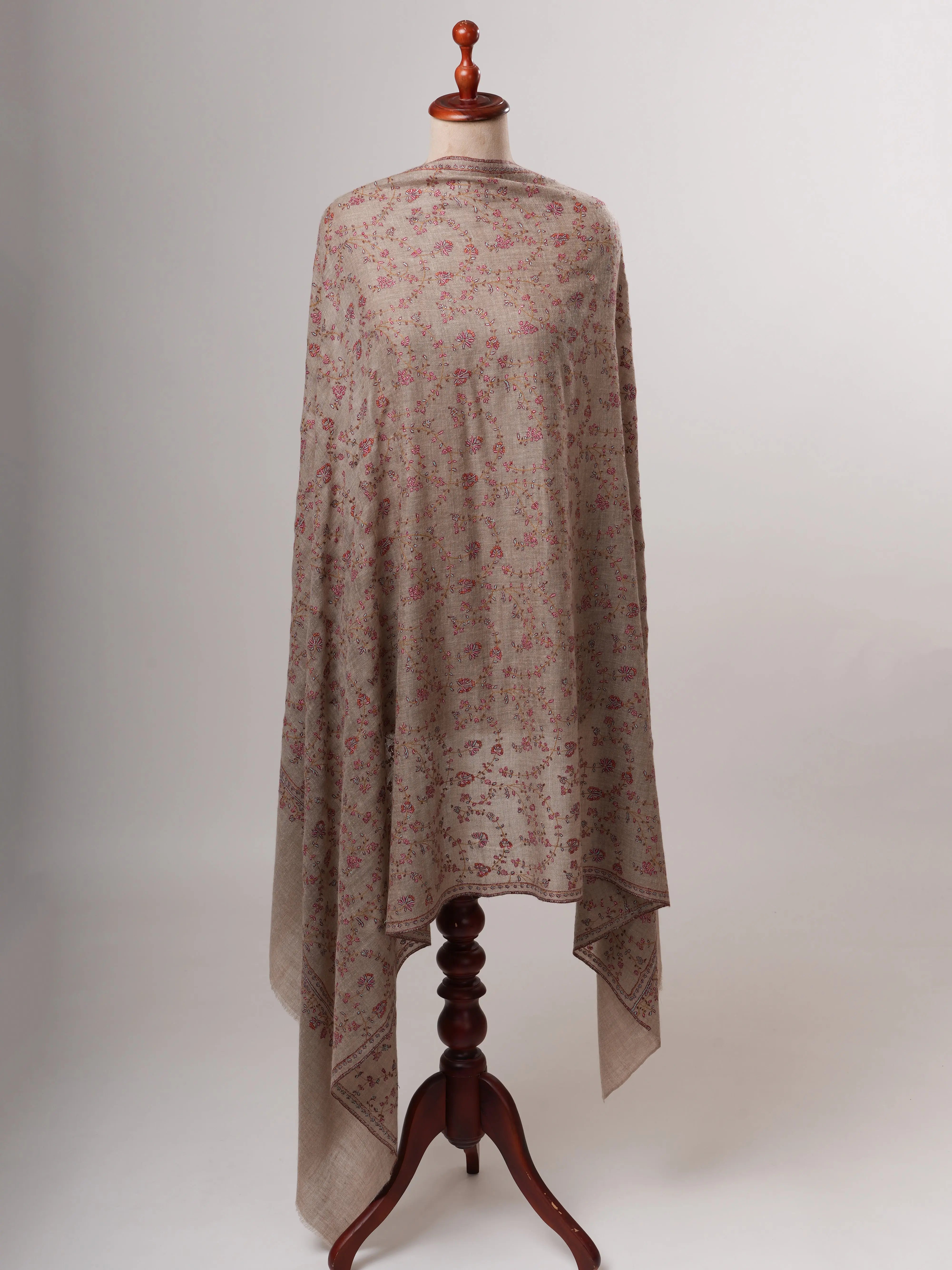 Natural Grey Baby Soft Pashmina Shawl with Fine Hand Embroidery Shahkaar
