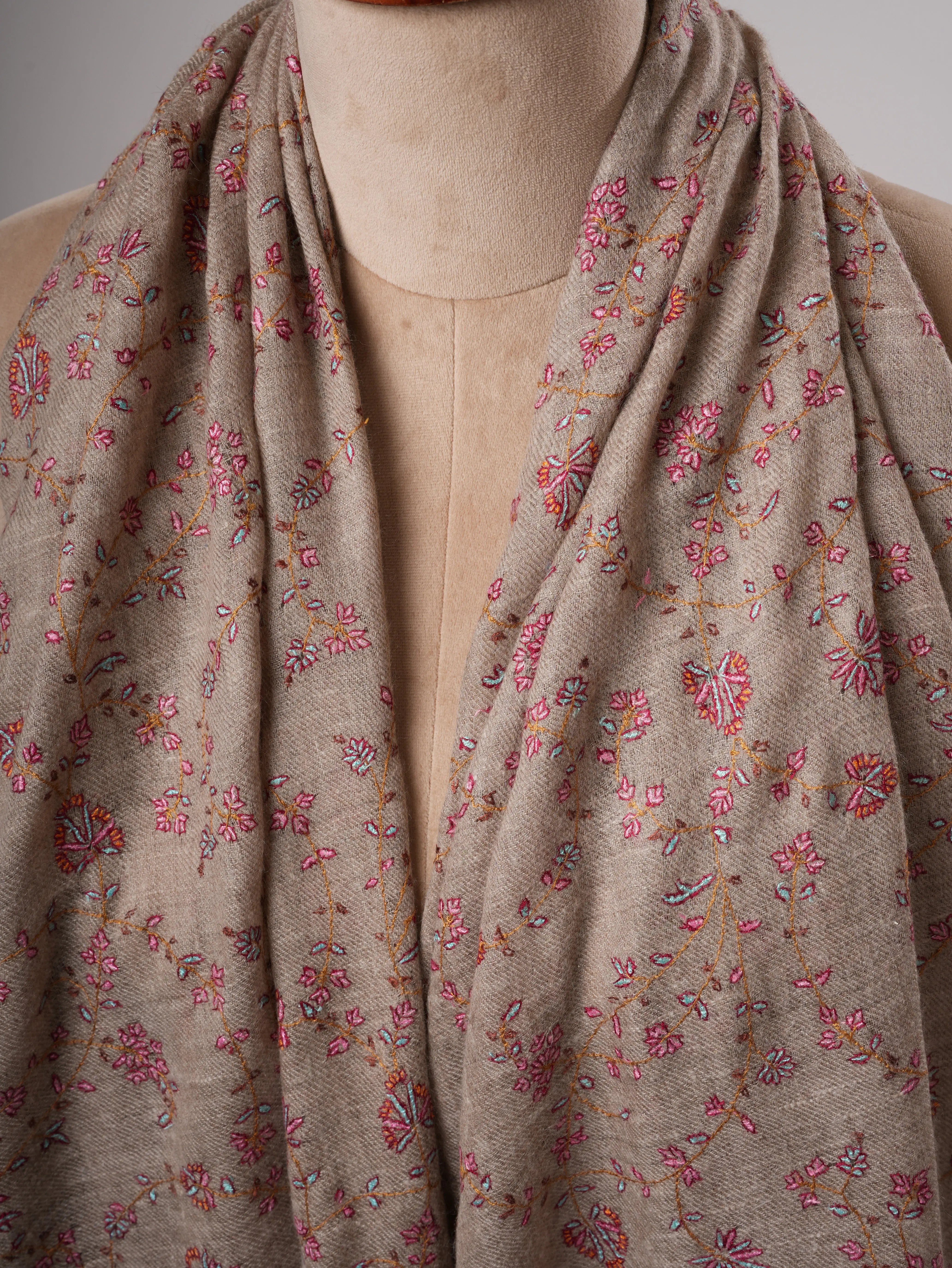 Natural Grey Baby Soft Pashmina Shawl with Fine Hand Embroidery Shahkaar