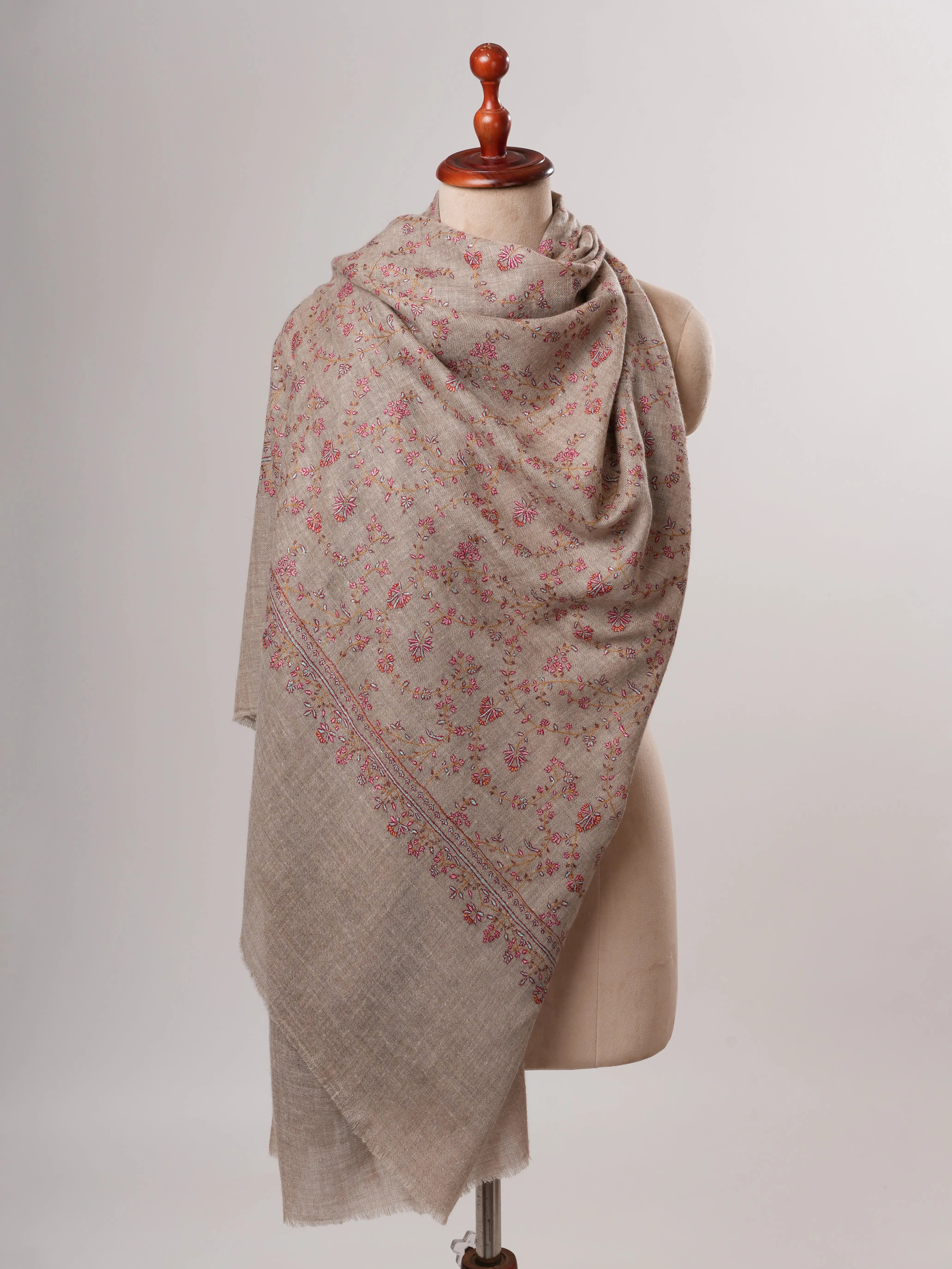 Natural Grey Baby Soft Pashmina Shawl with Fine Hand Embroidery Shahkaar