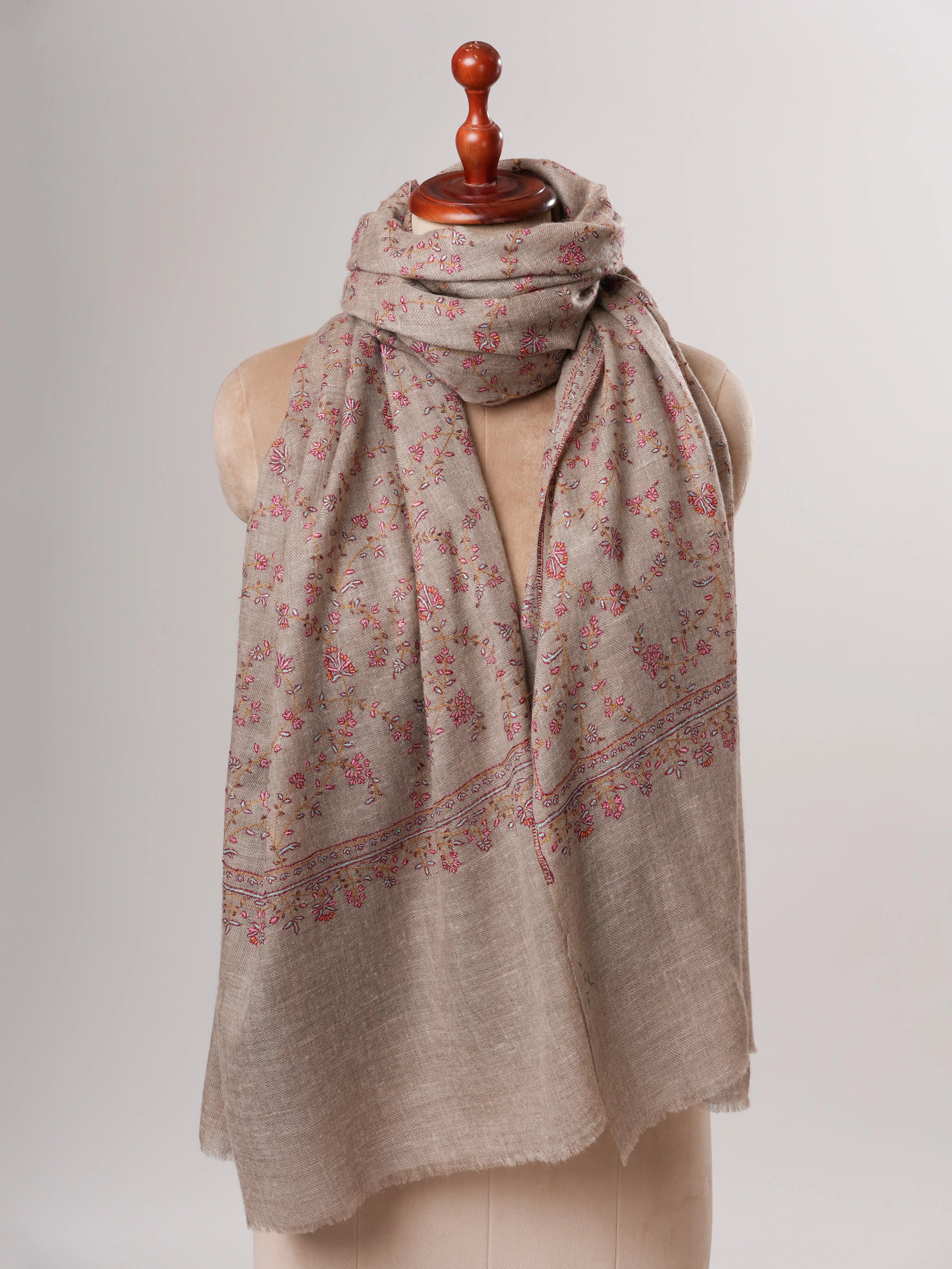 Natural Grey Baby Soft Pashmina Shawl with Fine Hand Embroidery Shahkaar