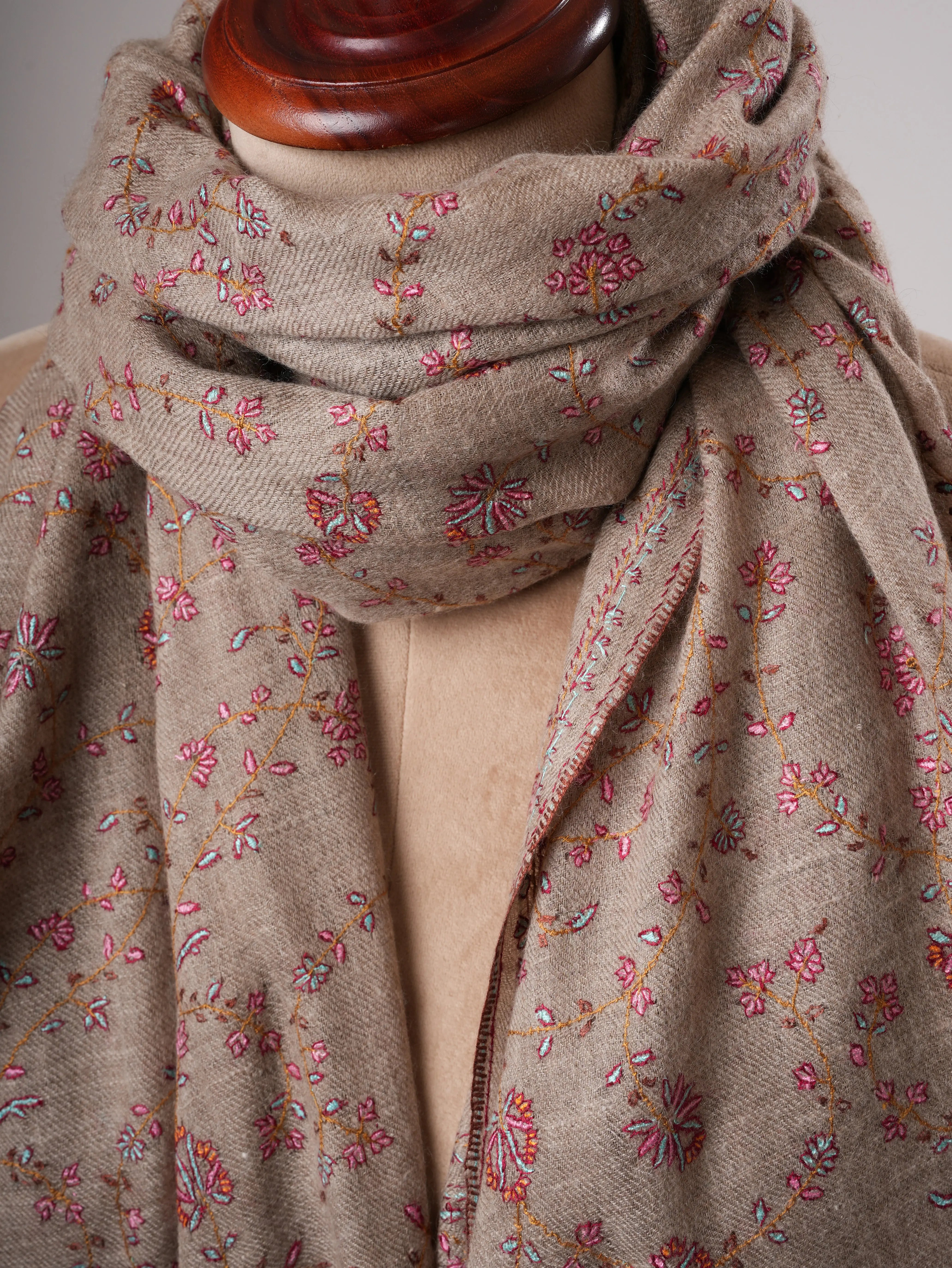 Natural Grey Baby Soft Pashmina Shawl with Fine Hand Embroidery Shahkaar