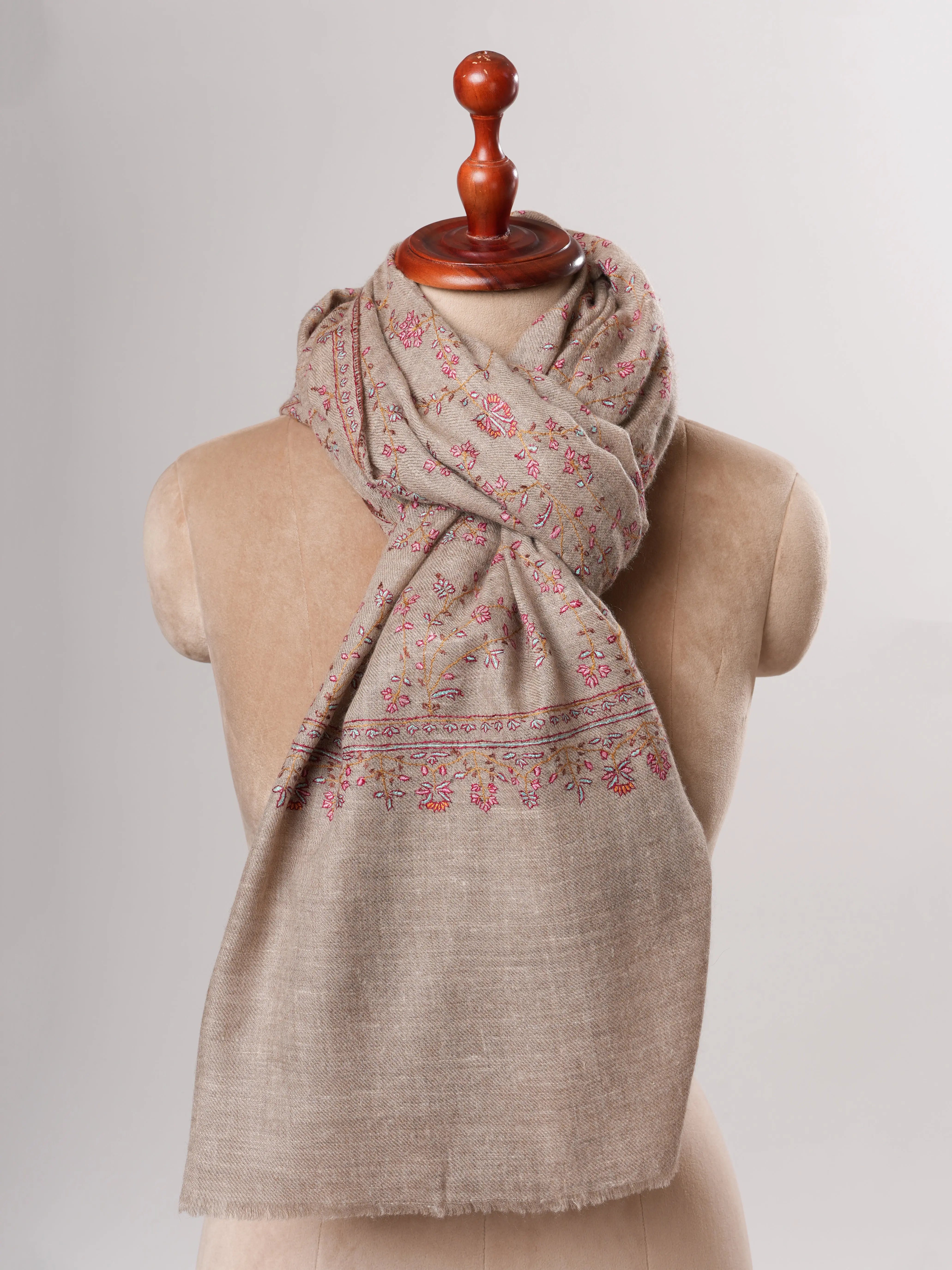 Natural Grey Baby Soft Pashmina Shawl with Fine Hand Embroidery Shahkaar