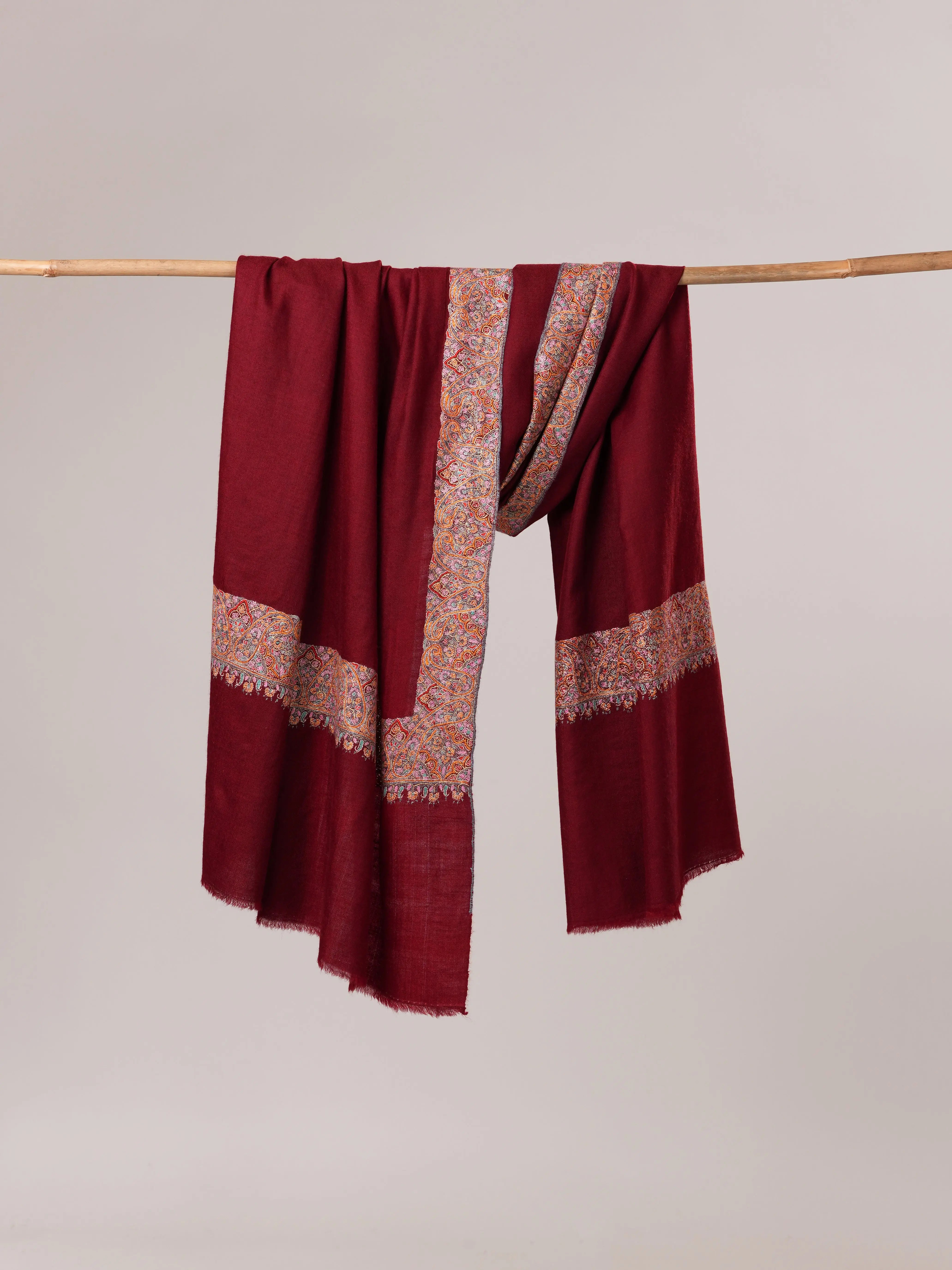 Maroon Daurdar Hand Embroidered Pure Pashmina Shawl Shahkaar.com