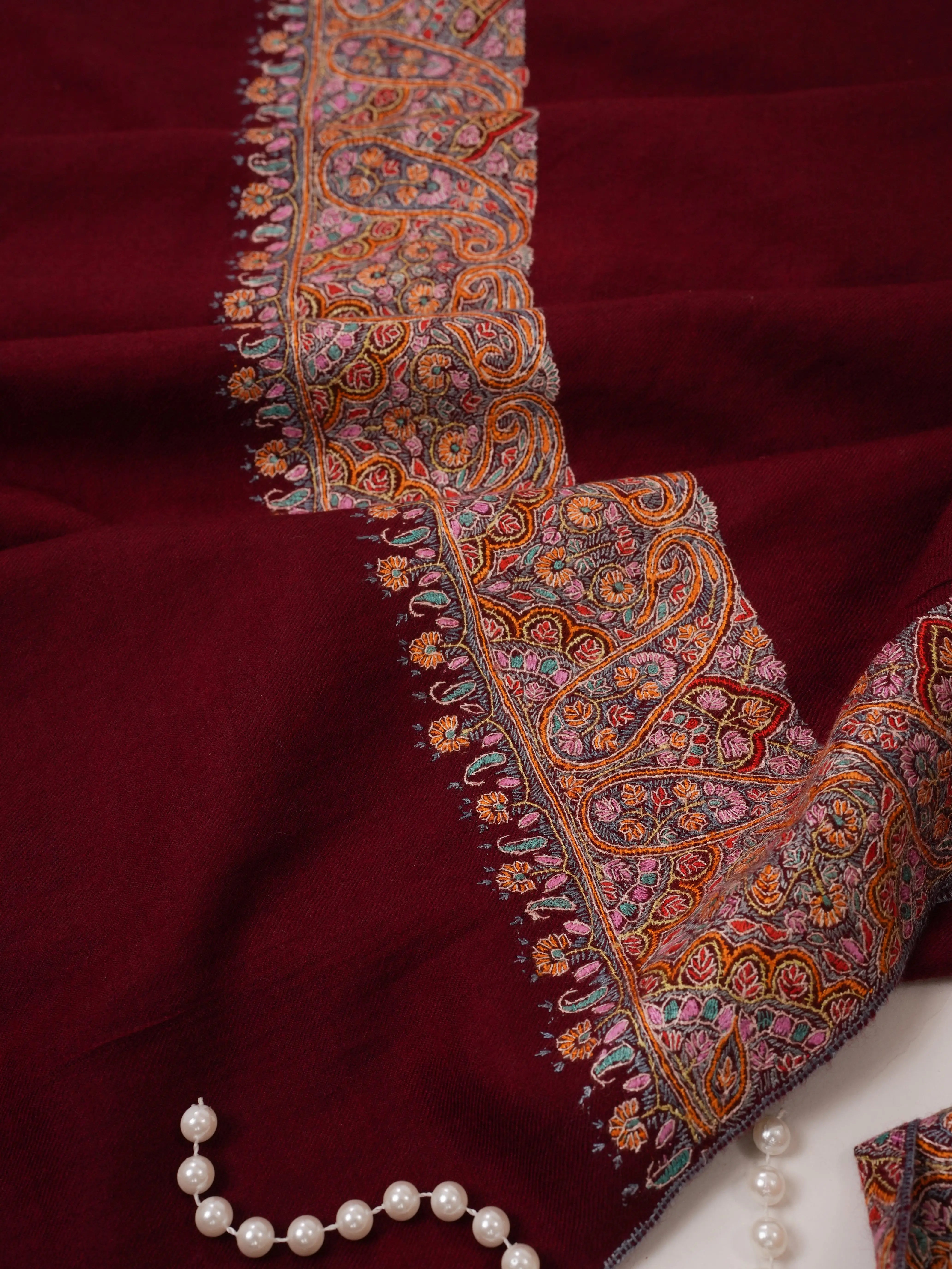 Maroon Daurdar Hand Embroidered Pure Pashmina Shawl Shahkaar.com