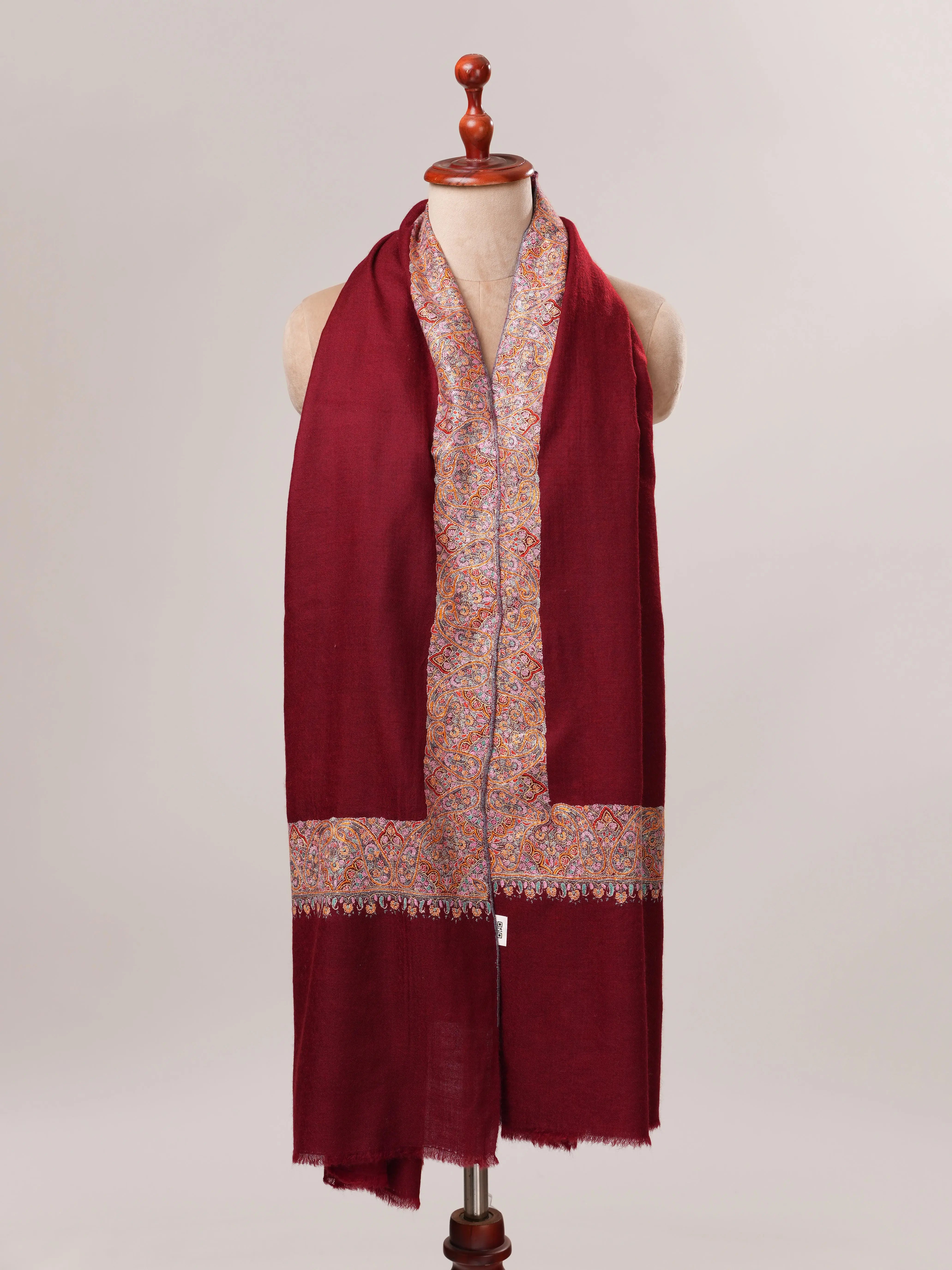 Maroon Daurdar Hand Embroidered Pure Pashmina Shawl Shahkaar.com