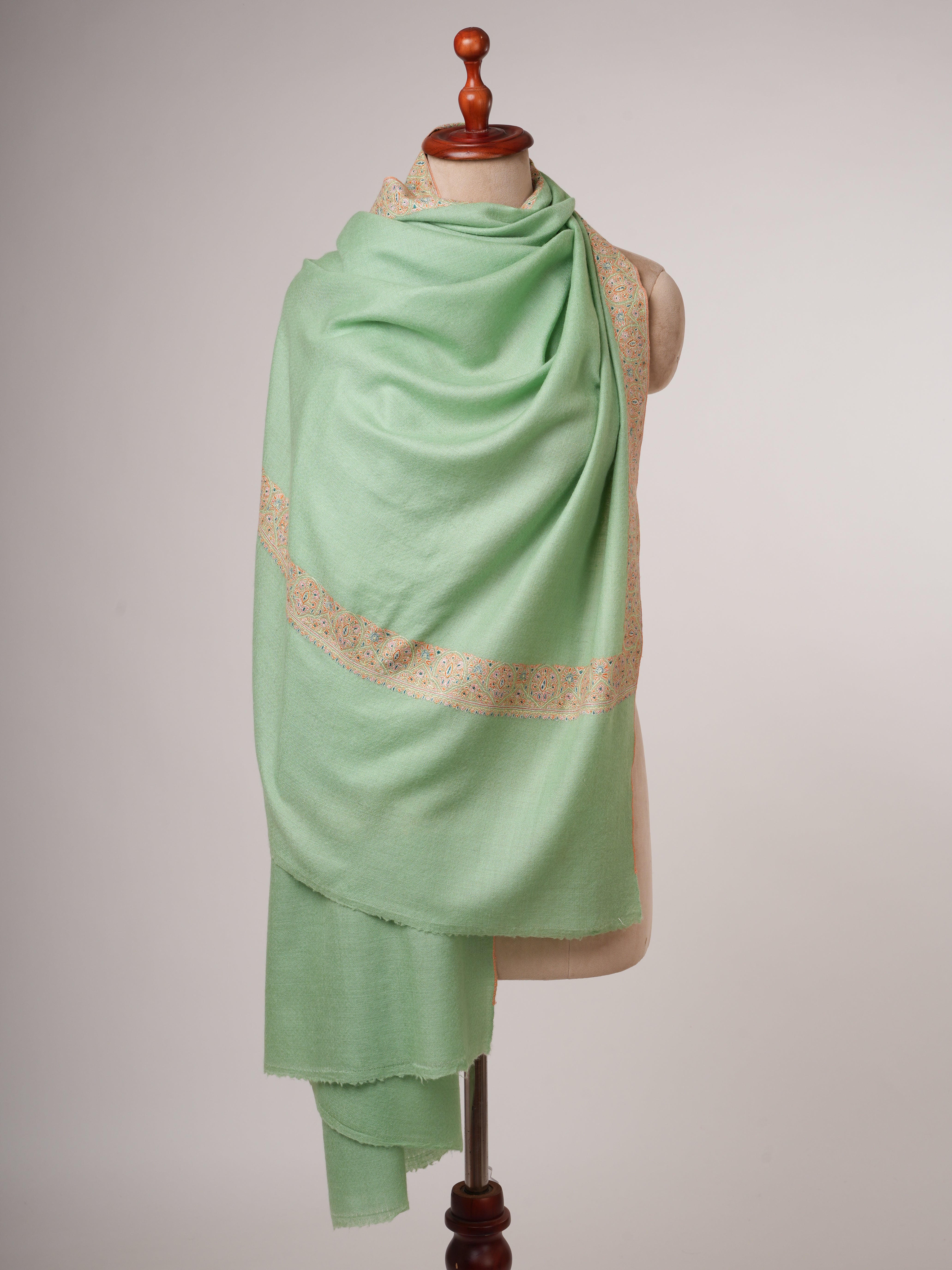 Light Green Neemdaur Fine Embroidered Pashmina Shawl – Luxury Kashmiri Wrap
