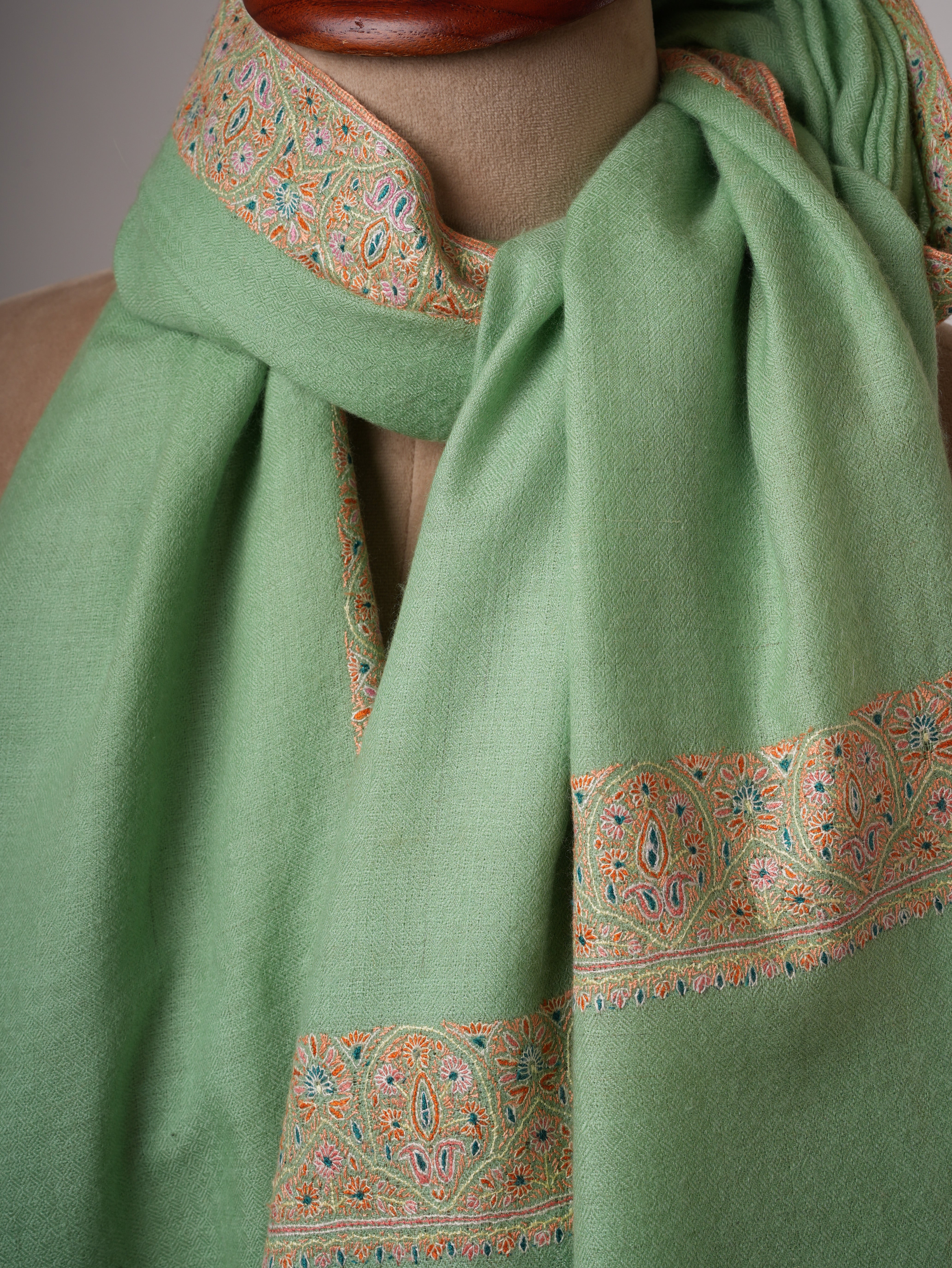 Light Green Neemdaur Fine Embroidered Pashmina Shawl – Luxury Kashmiri Wrap