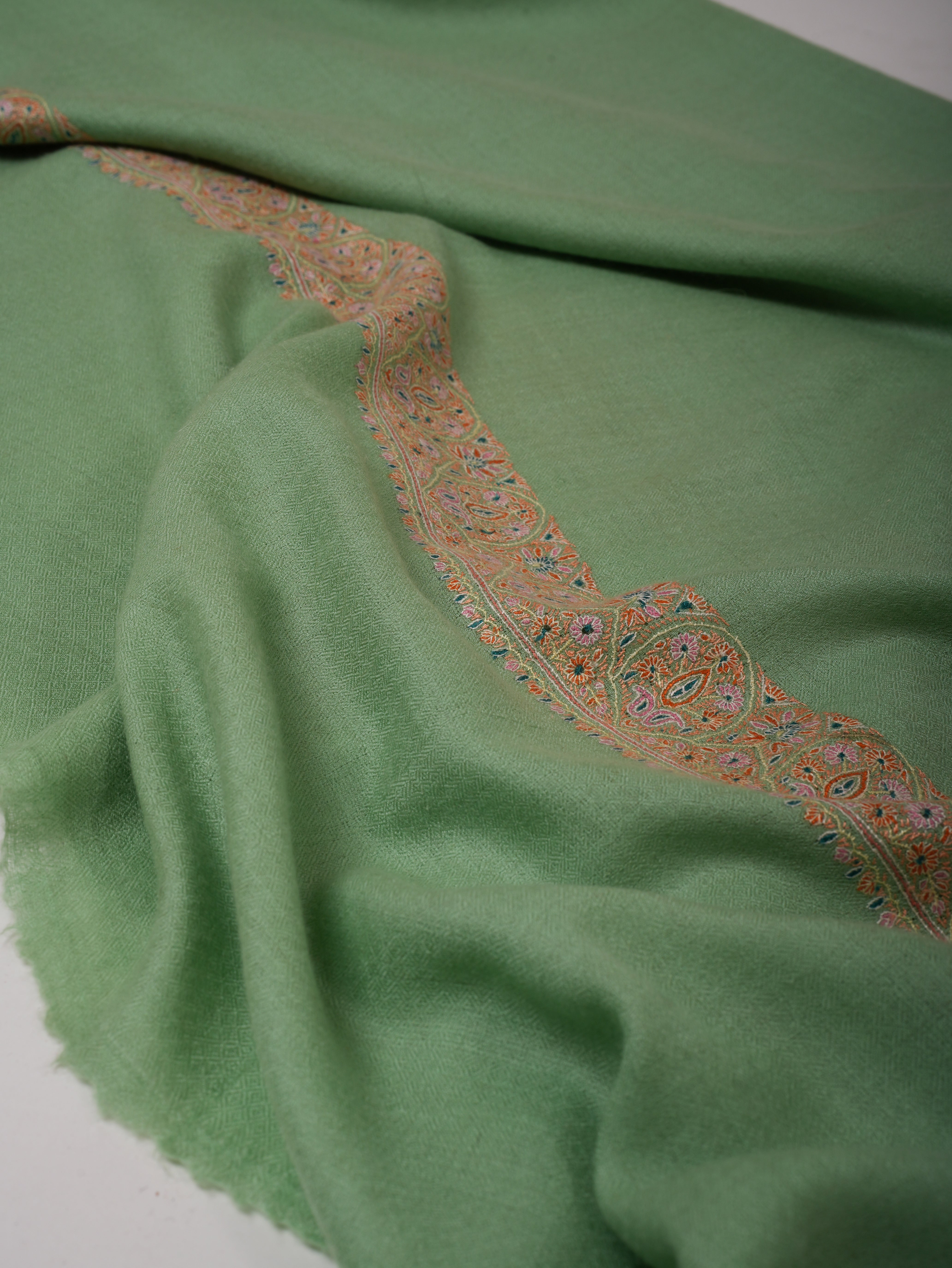 Light Green Neemdaur Fine Embroidered Pashmina Shawl – Luxury Kashmiri Wrap