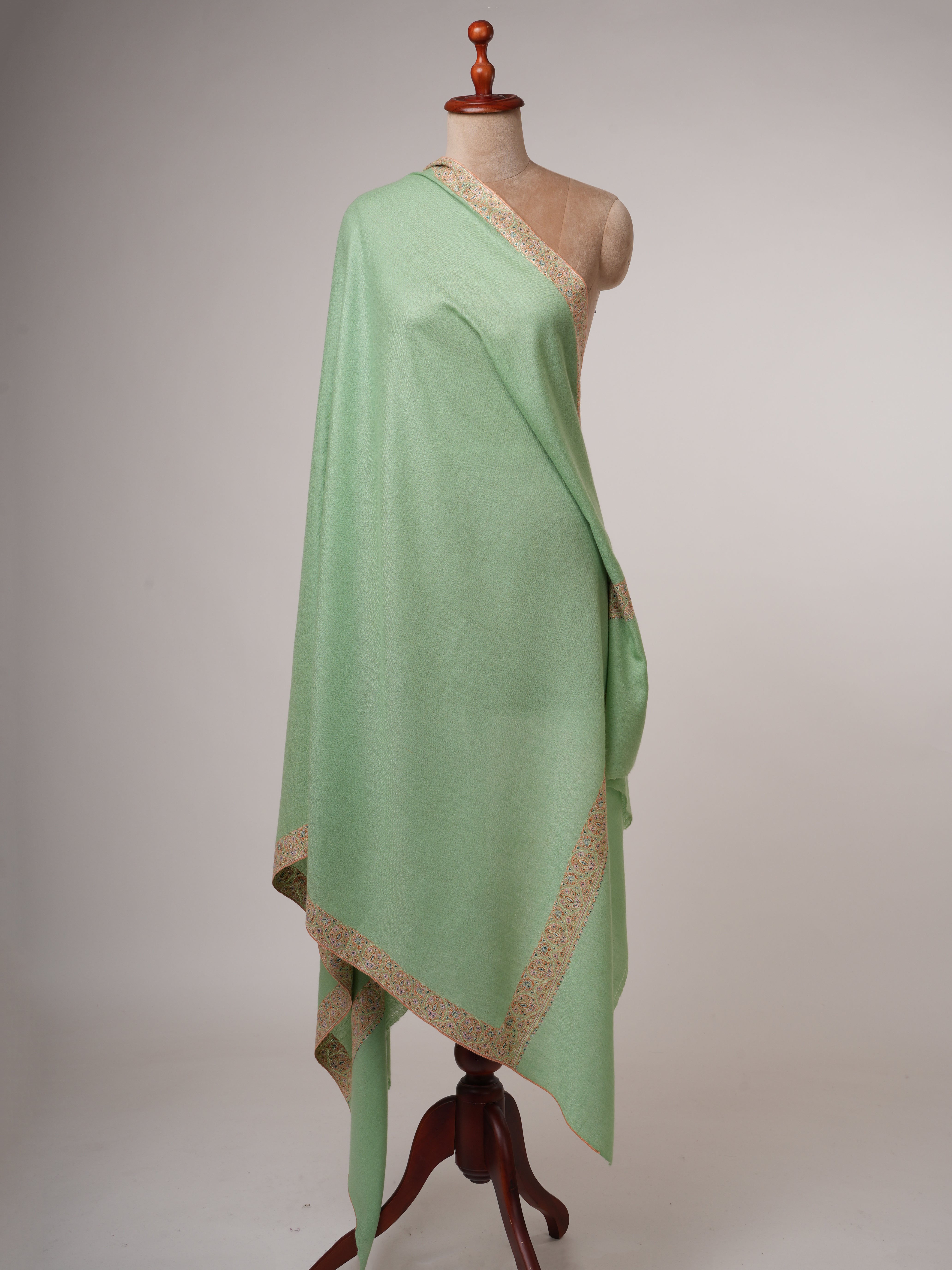 Light Green Neemdaur Fine Embroidered Pashmina Shawl – Luxury Kashmiri Wrap