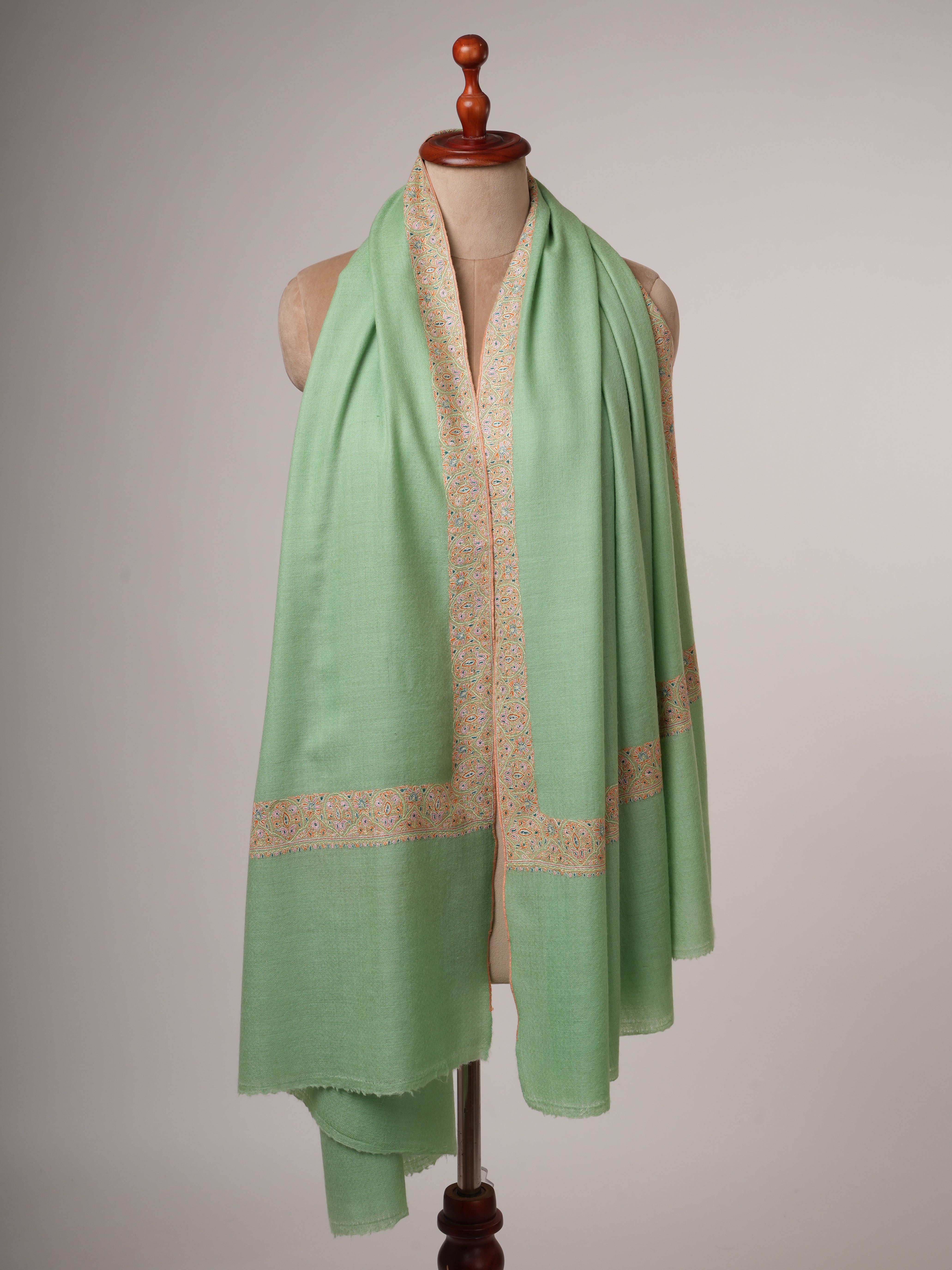Light Green Neemdaur Fine Embroidered Pashmina Shawl – Luxury Kashmiri Wrap