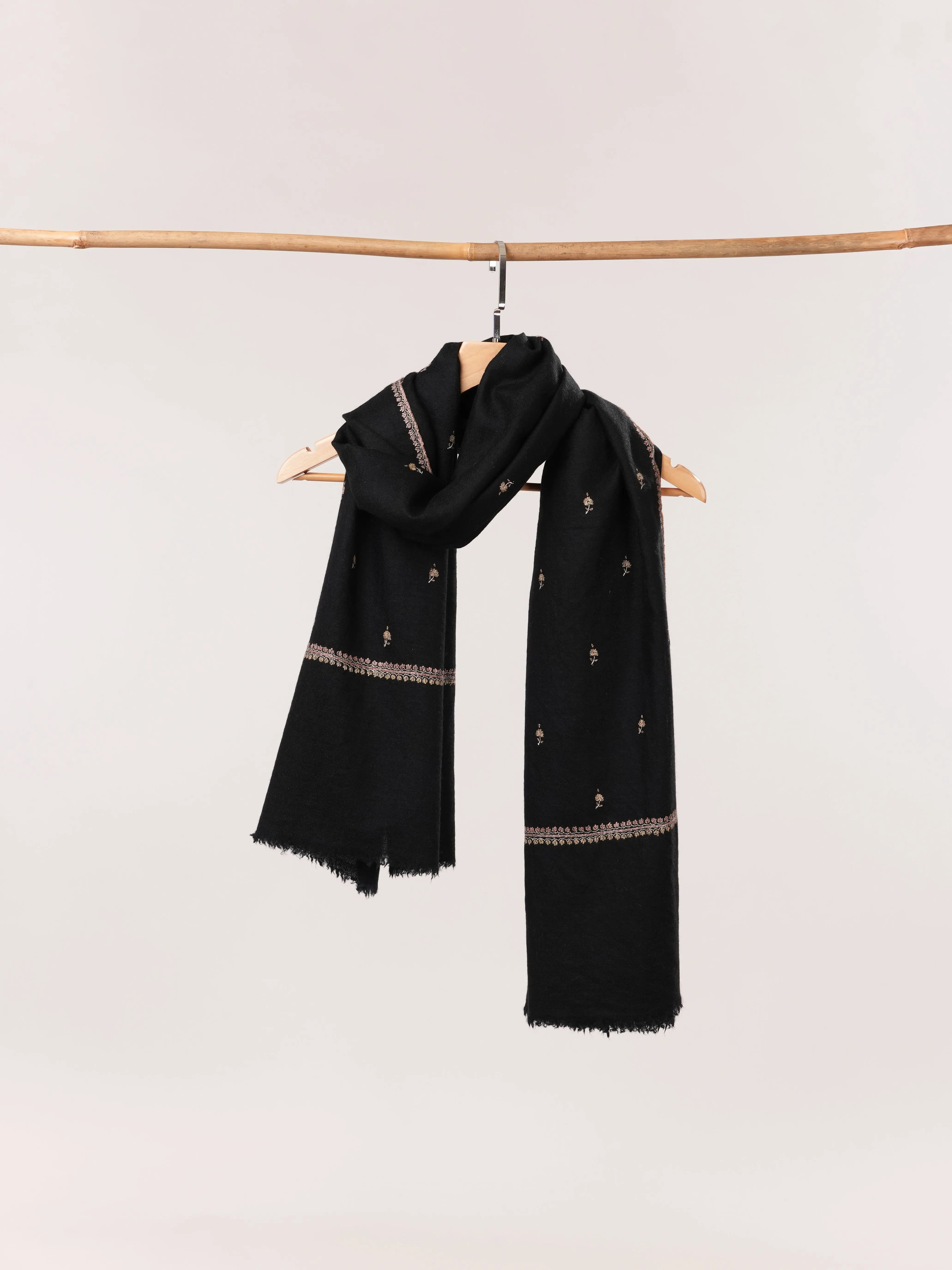 Black Machie Booti Hand Embroidered Pure Cashmere Scarf Shahkaar.com
