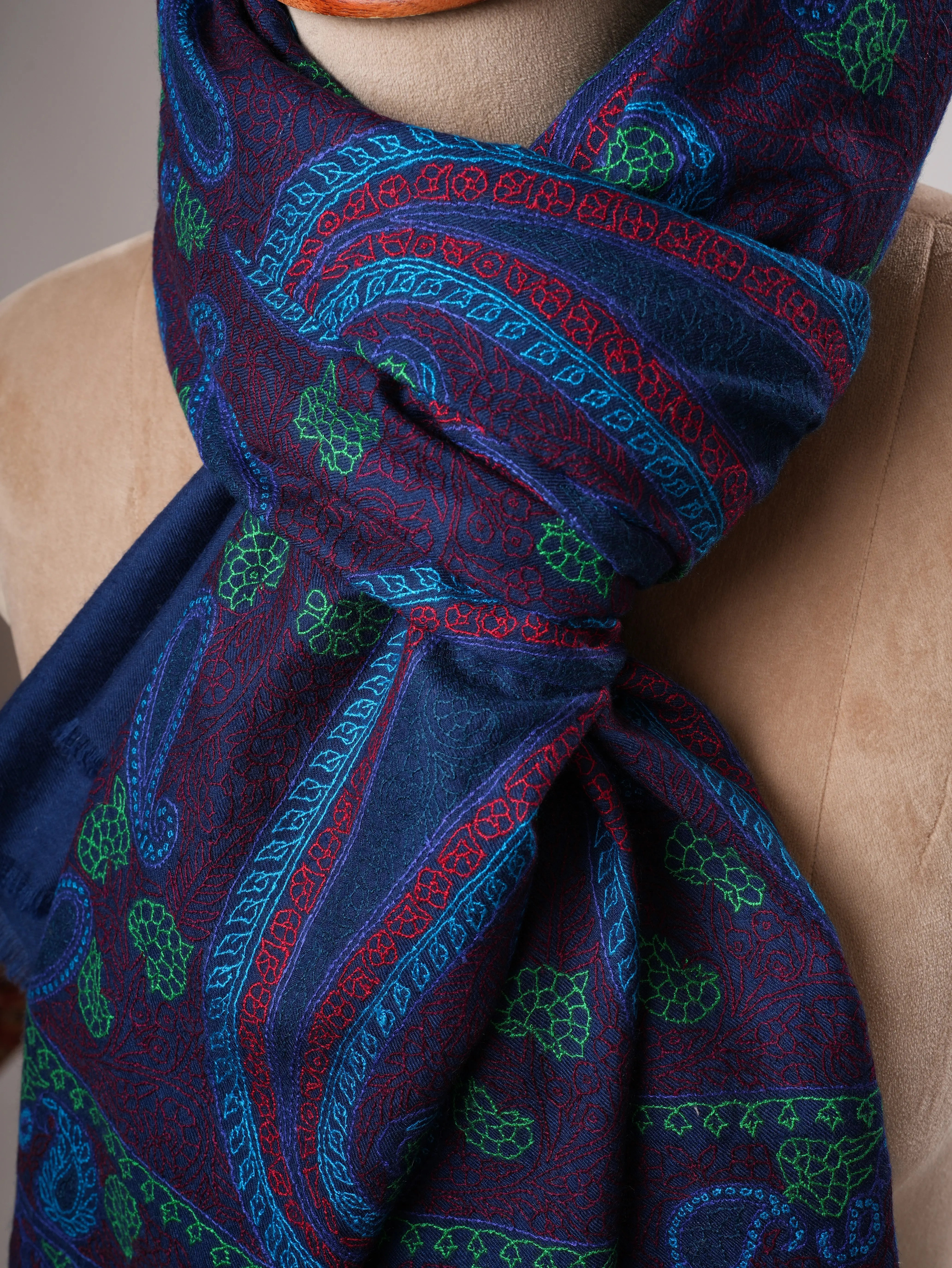 Dark Blue Hand Embroidered Authentic Kashmiri Pashmina Shahkaar
