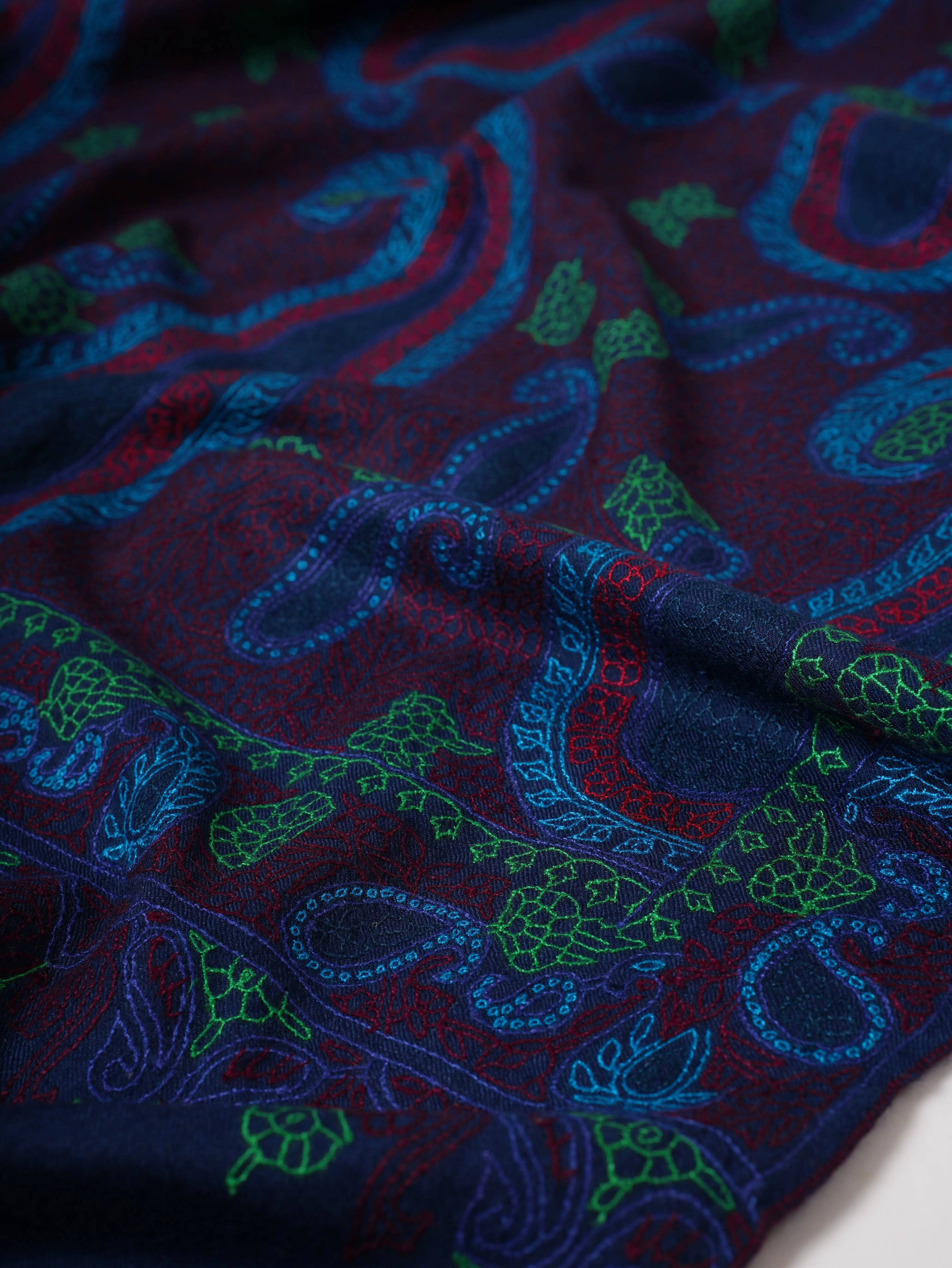 Dark Blue Hand Embroidered Authentic Kashmiri Pashmina Shahkaar