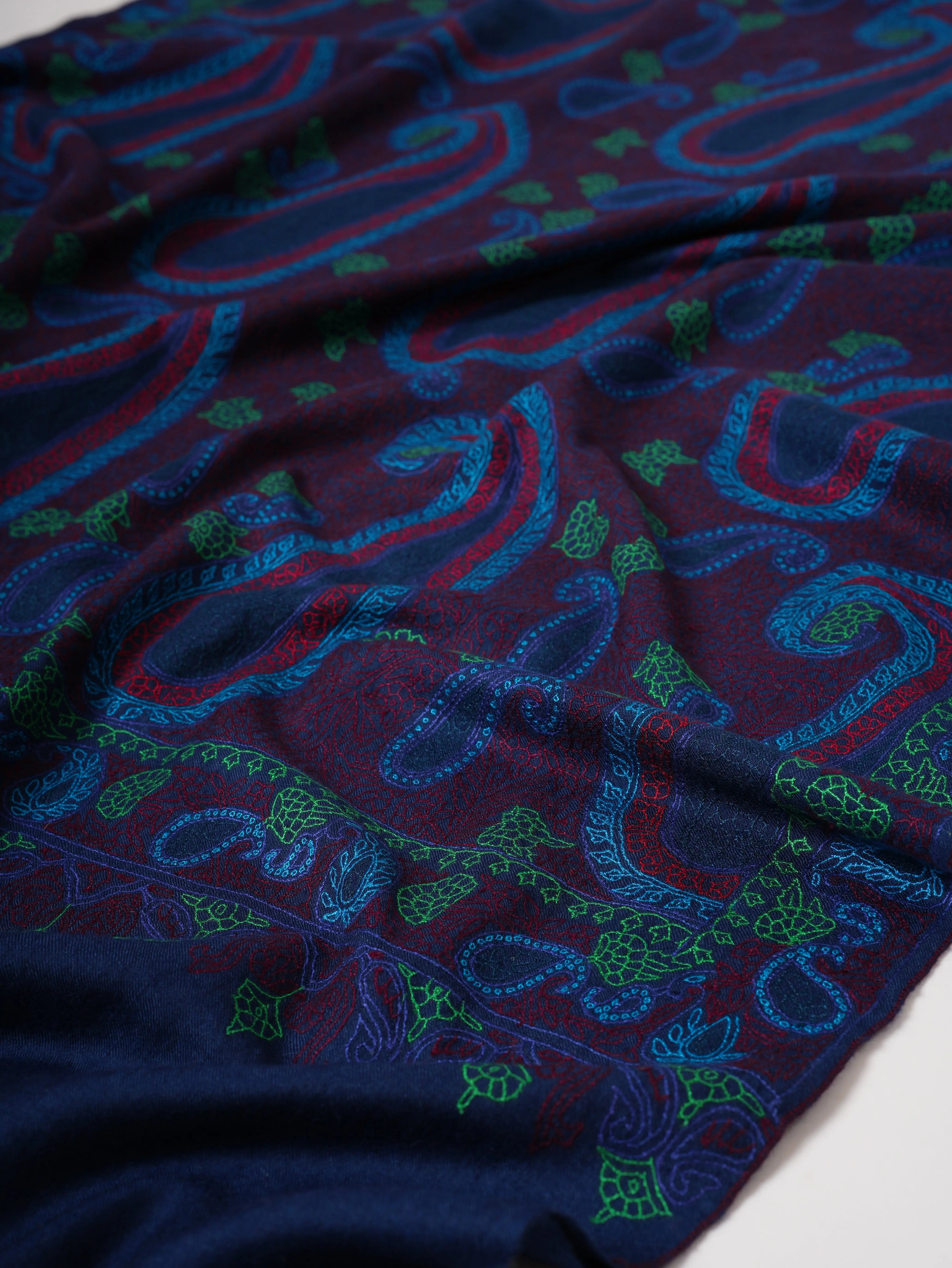 Dark Blue Hand Embroidered Authentic Kashmiri Pashmina Shahkaar