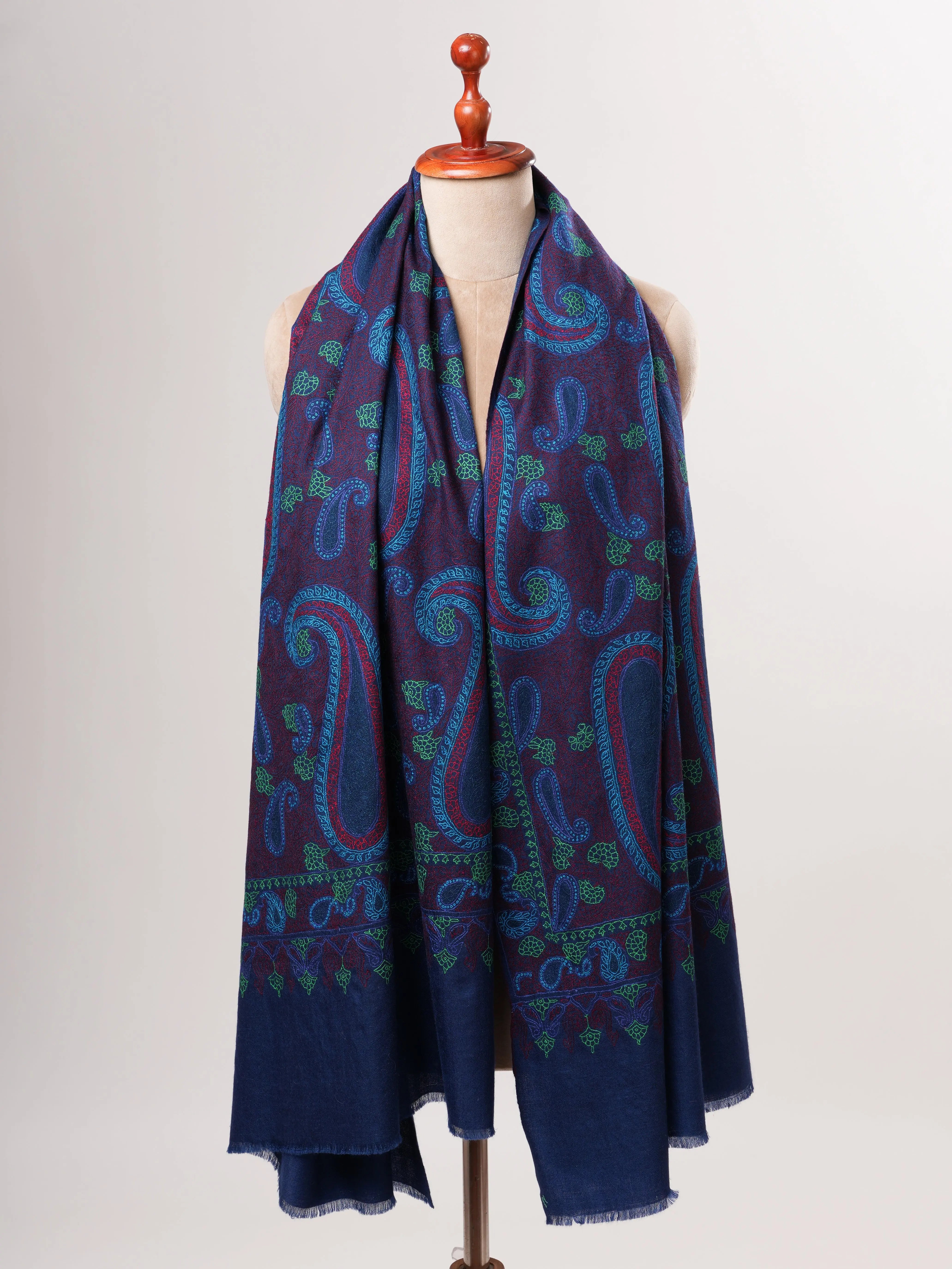 Dark Blue Hand Embroidered Authentic Kashmiri Pashmina Shahkaar