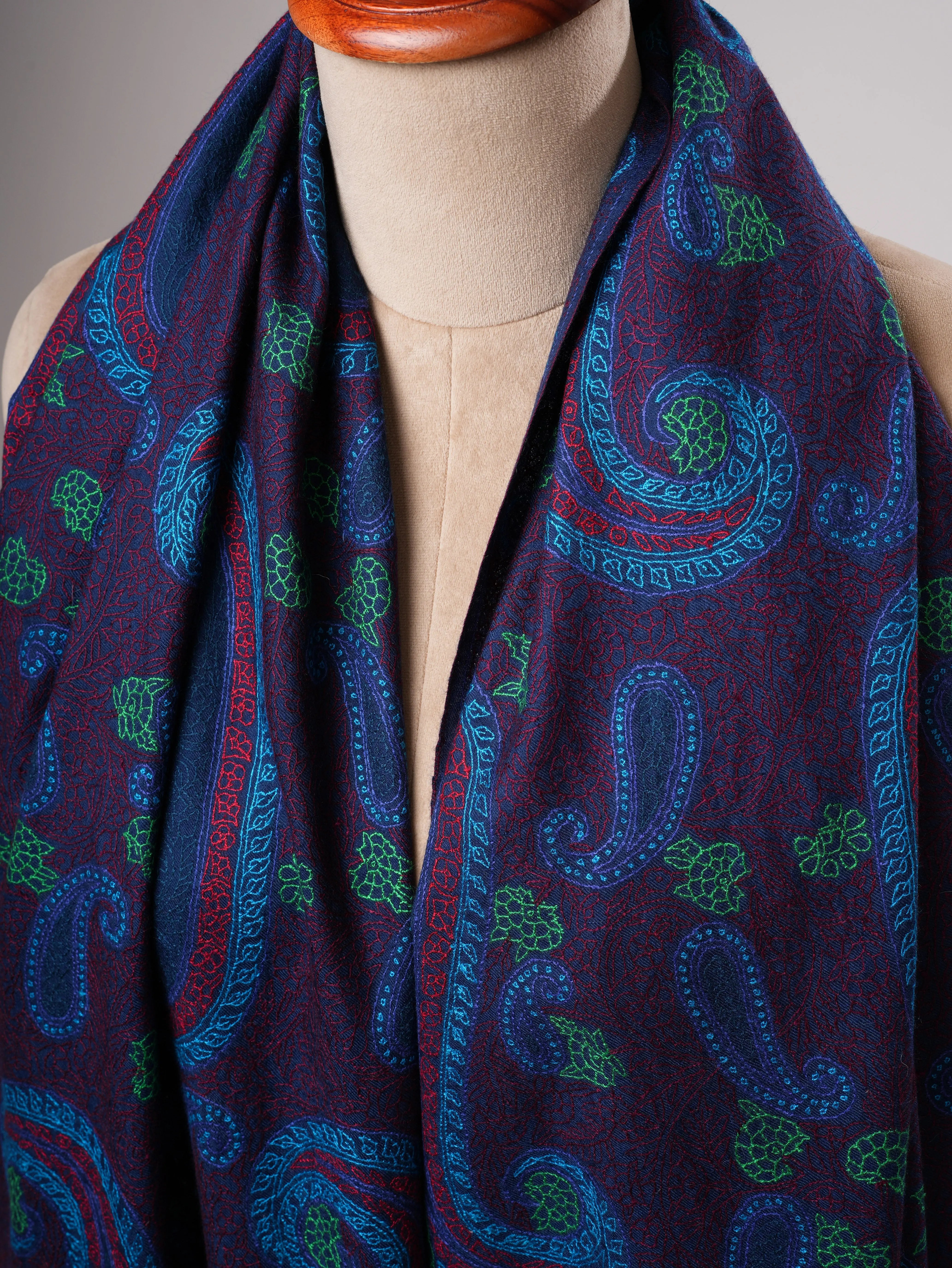 Dark Blue Hand Embroidered Authentic Kashmiri Pashmina Shahkaar