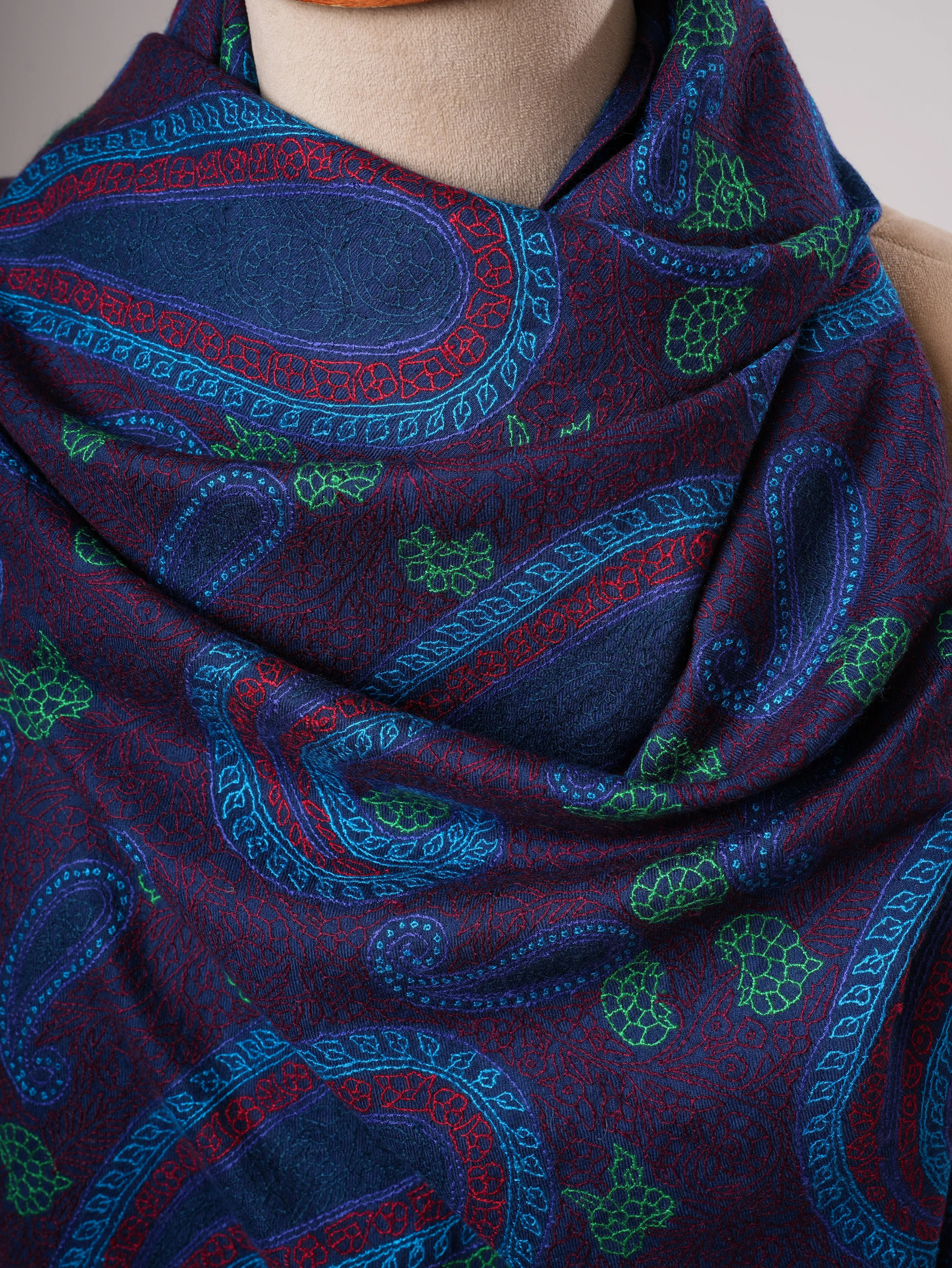 Dark Blue Hand Embroidered Authentic Kashmiri Pashmina Shahkaar
