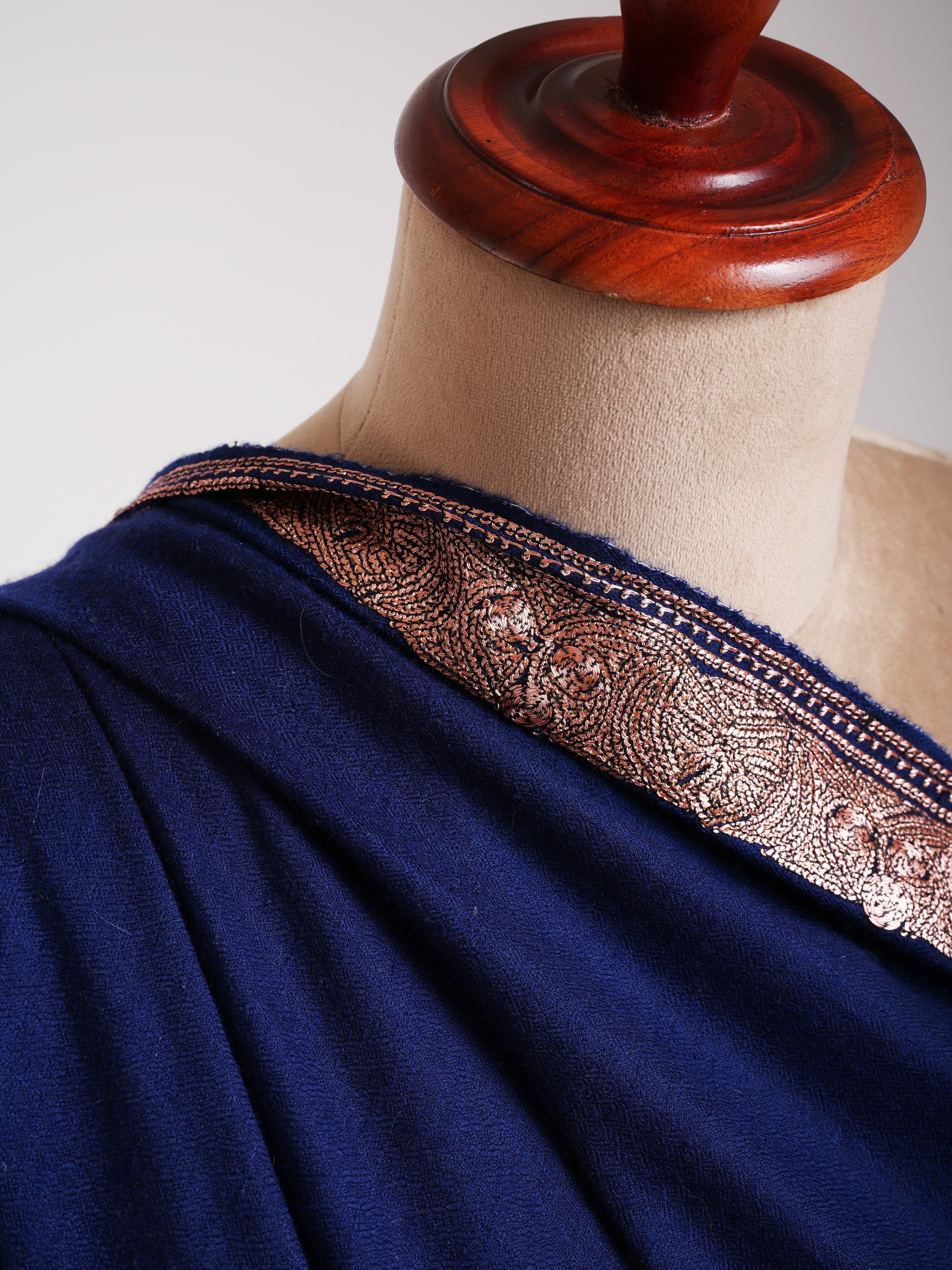 Navy Blue Pashmina Shawl Copper Tilla Work - Shahkaar