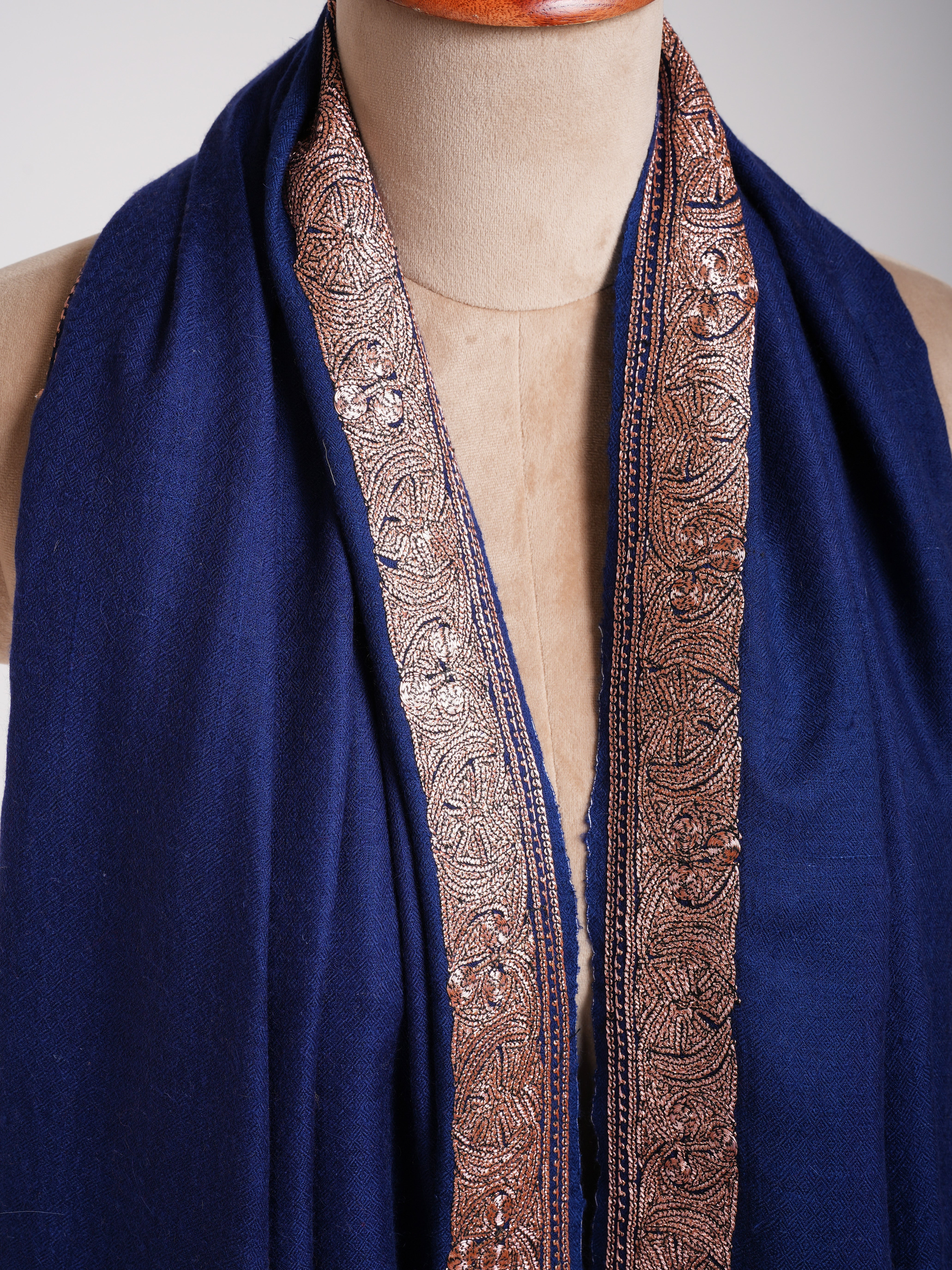 Navy Blue Pashmina Shawl Copper Tilla Work - Shahkaar
