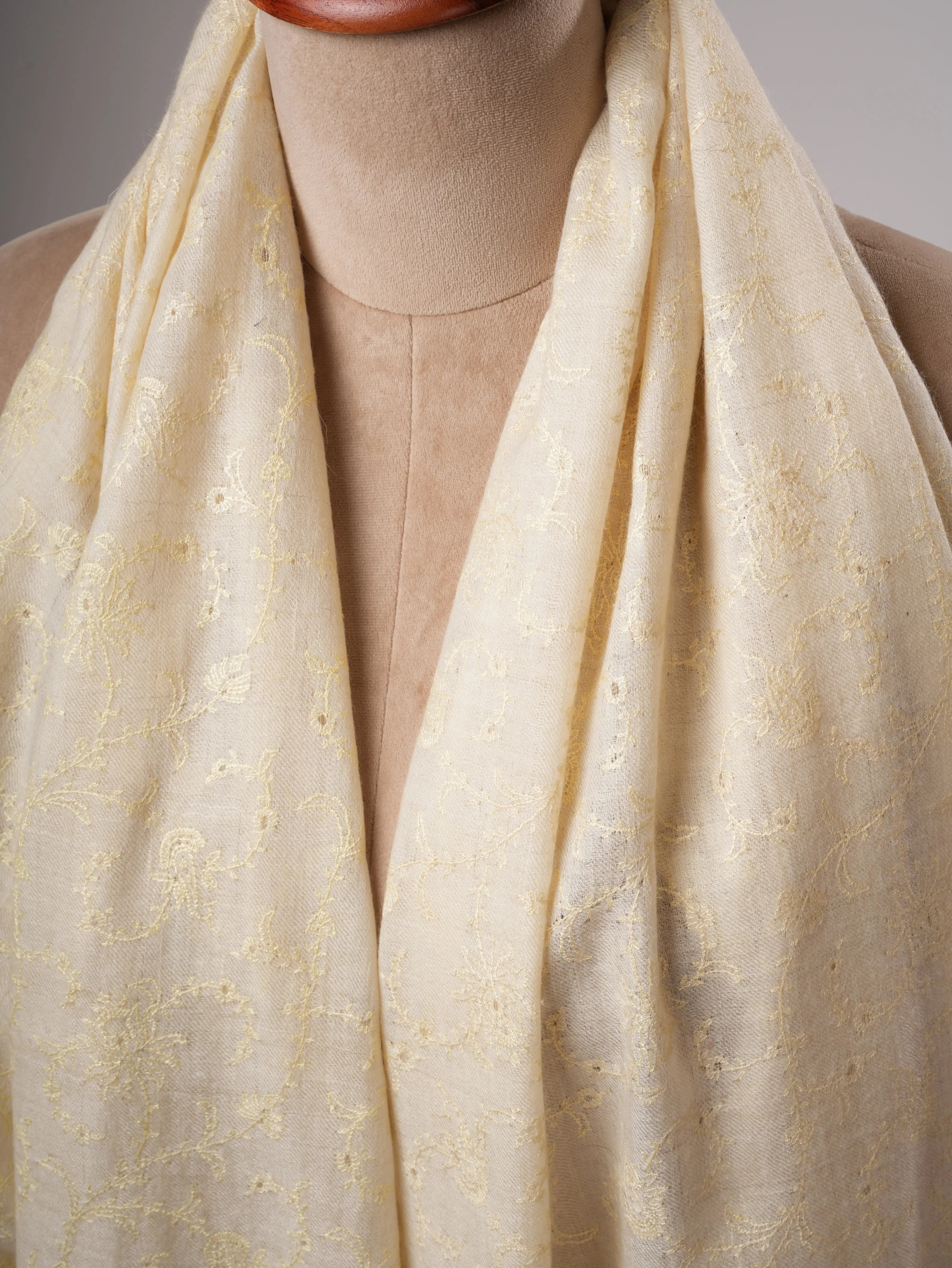 Natural Ivory Handwoven Shahkaar Pashmina Shawl with Fine Embroidery Shahkaar
