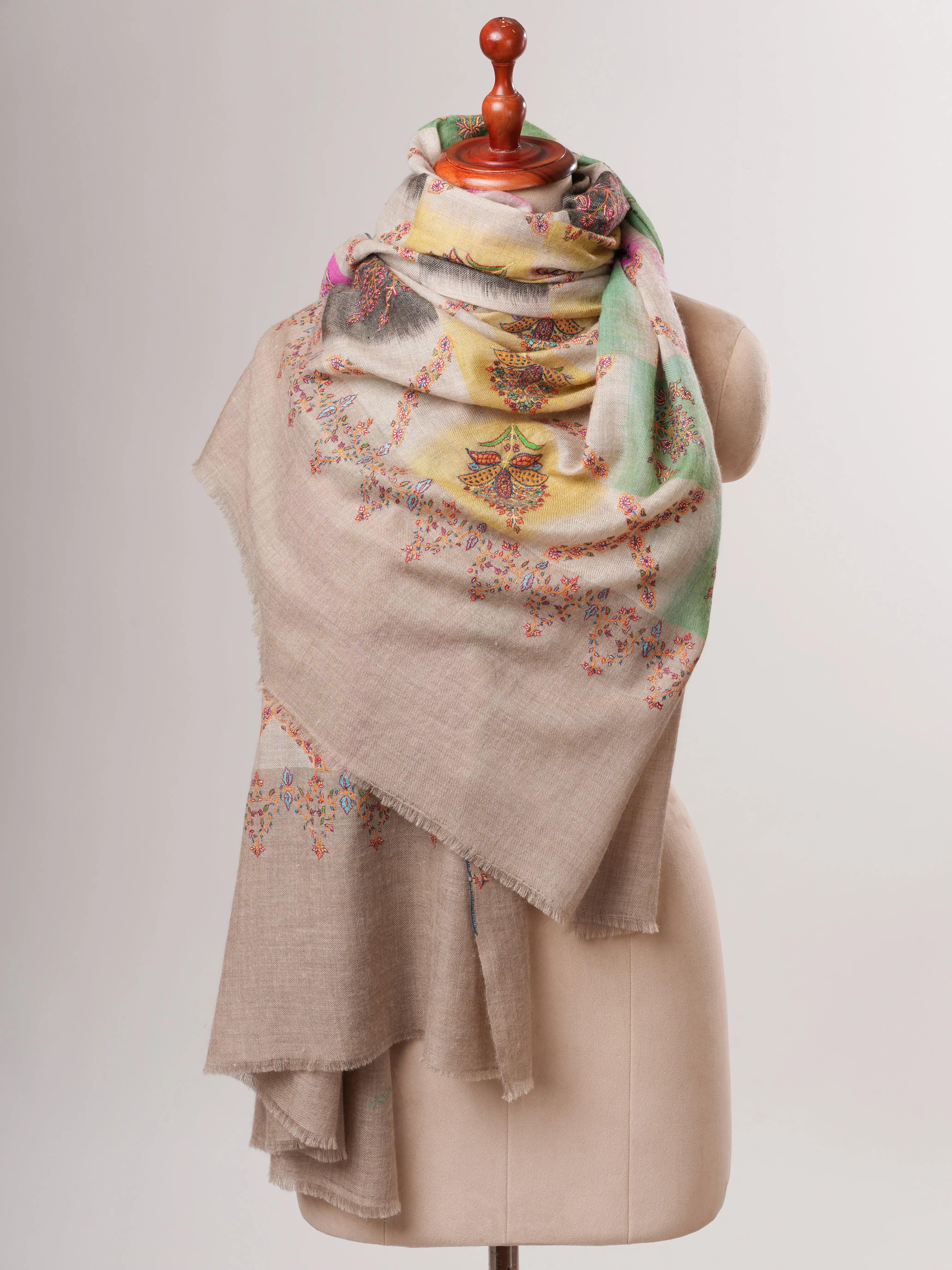 Handwoven Ikat Shahkaar Pashmina Shawl with Sozni Embroidery Shahkaar