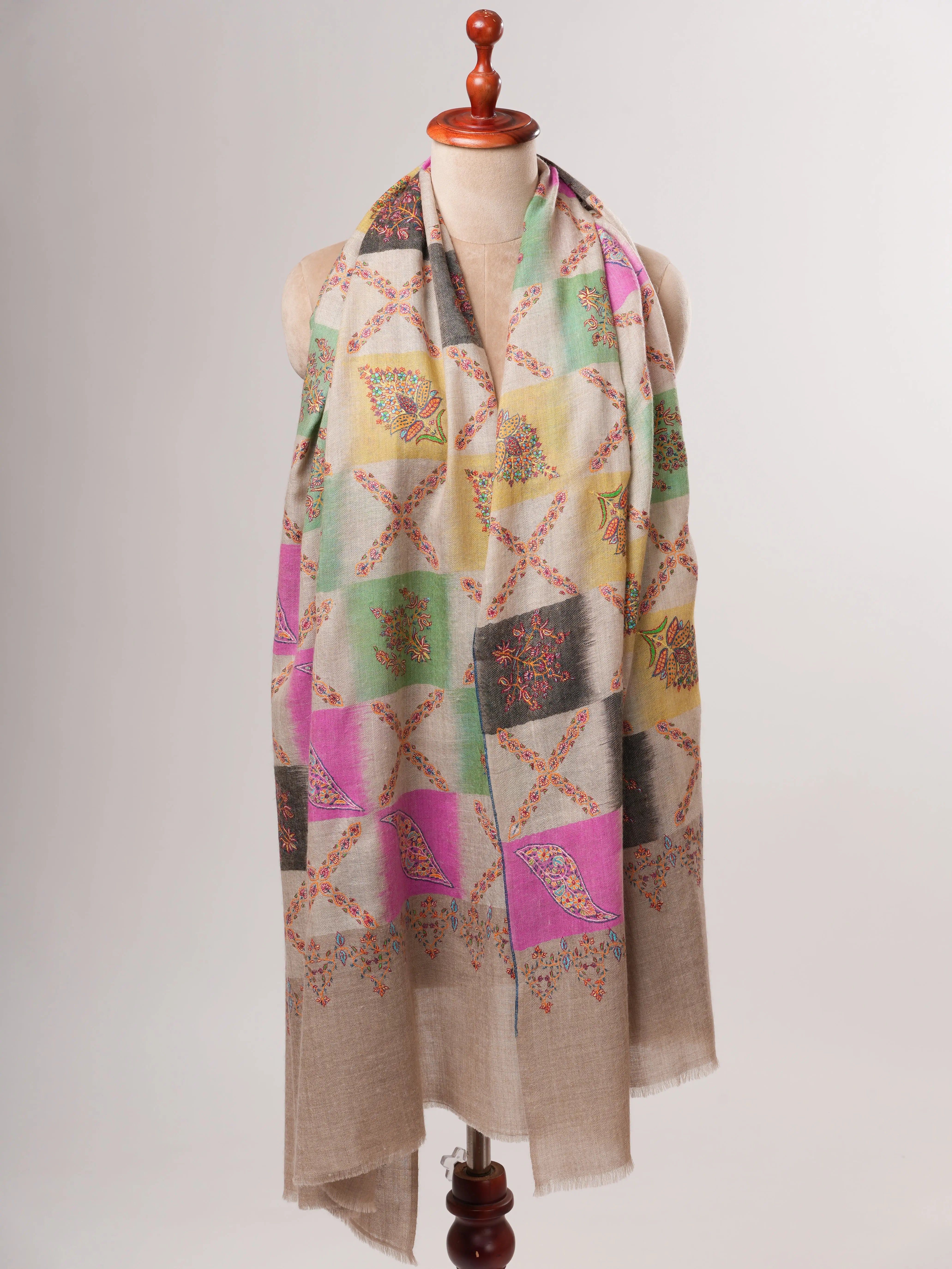 Handwoven Ikat Shahkaar Pashmina Shawl with Sozni Embroidery Shahkaar