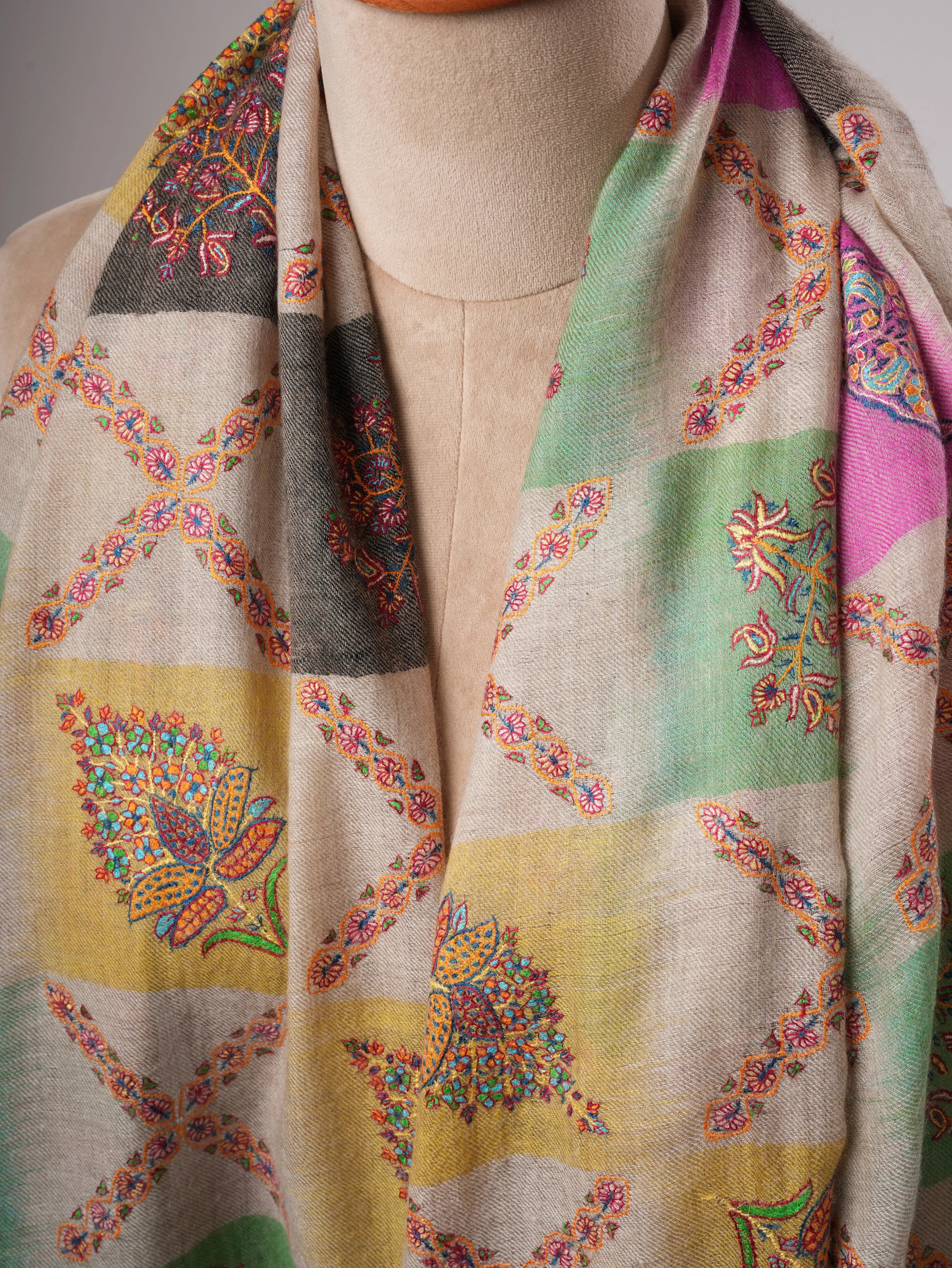 Handwoven Ikat Shahkaar Pashmina Shawl with Sozni Embroidery Shahkaar