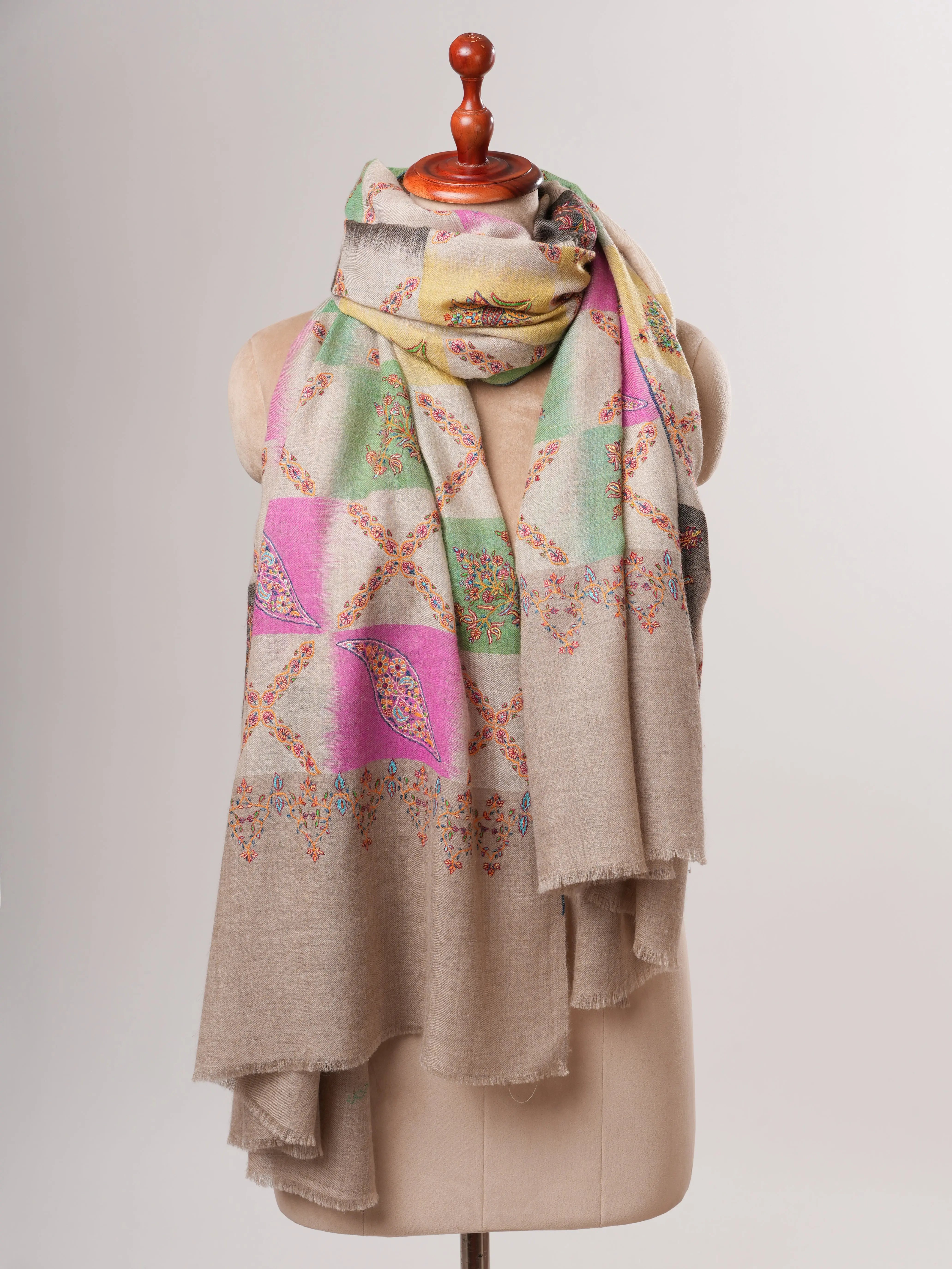 Handwoven Ikat Shahkaar Pashmina Shawl with Sozni Embroidery Shahkaar