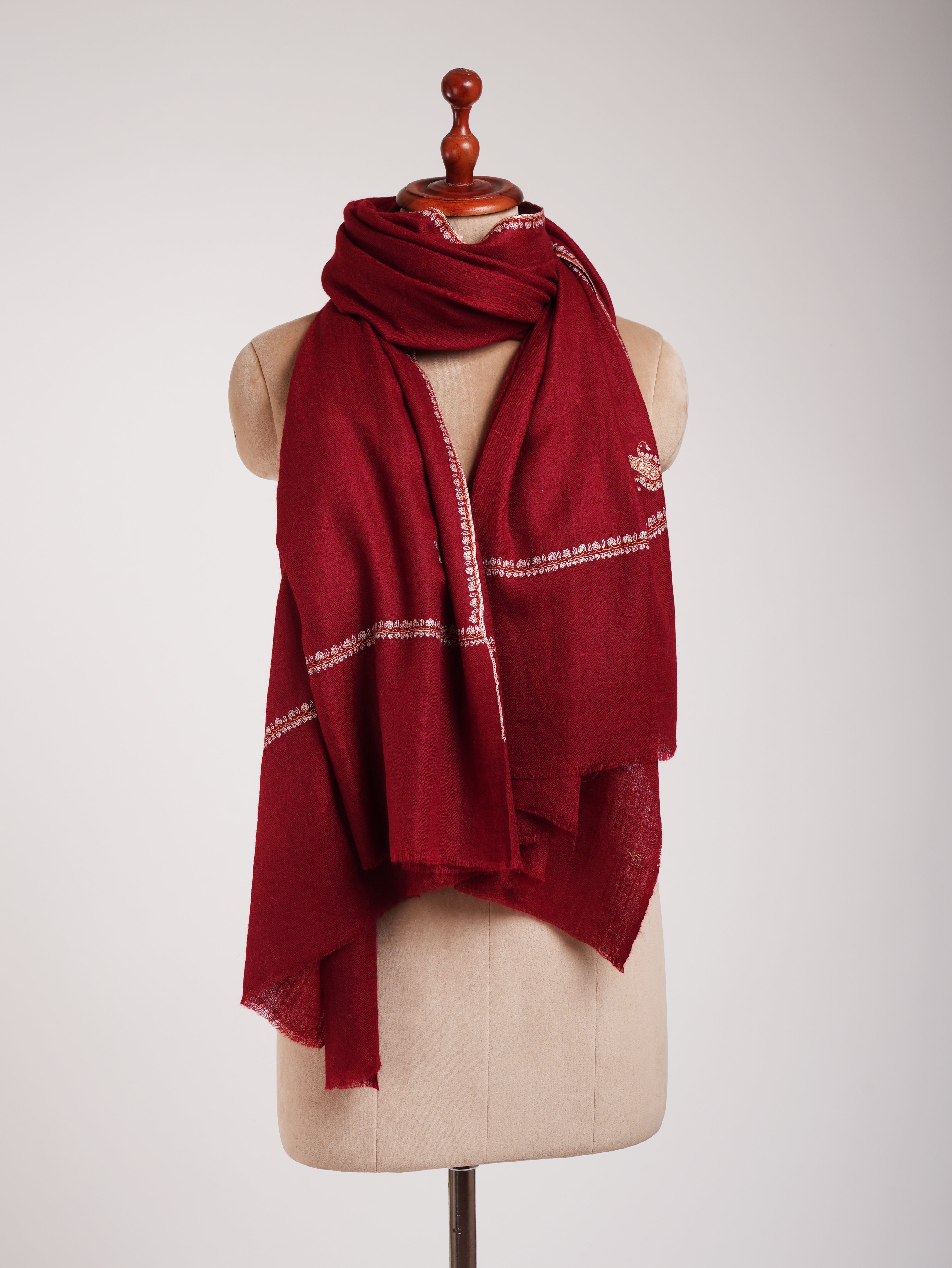 Red Minimalistic Embroidered Pure Pashmina Shawl