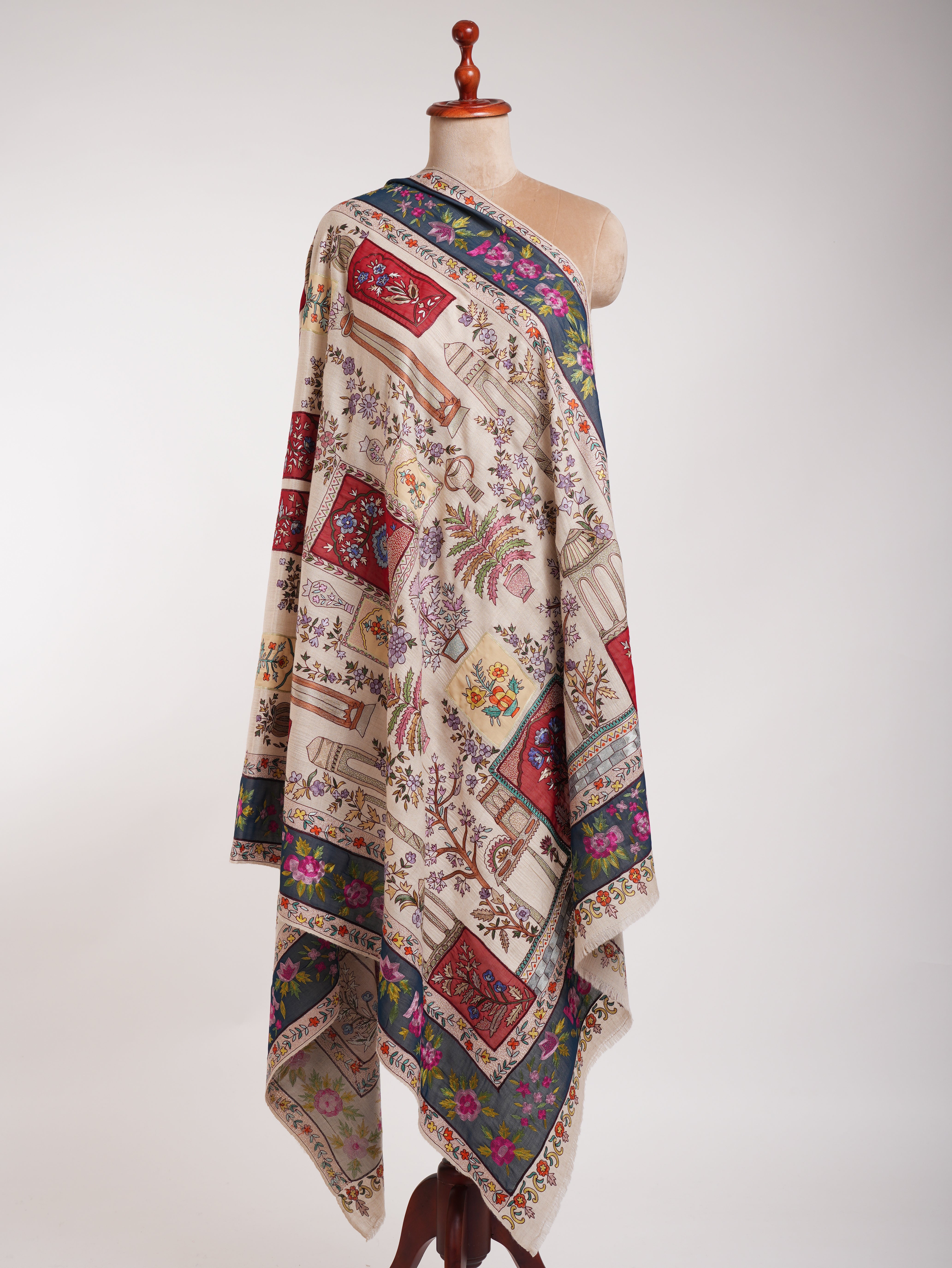 Ivory Hand Embroidered Indian Pashmina Shawl Shahkaar