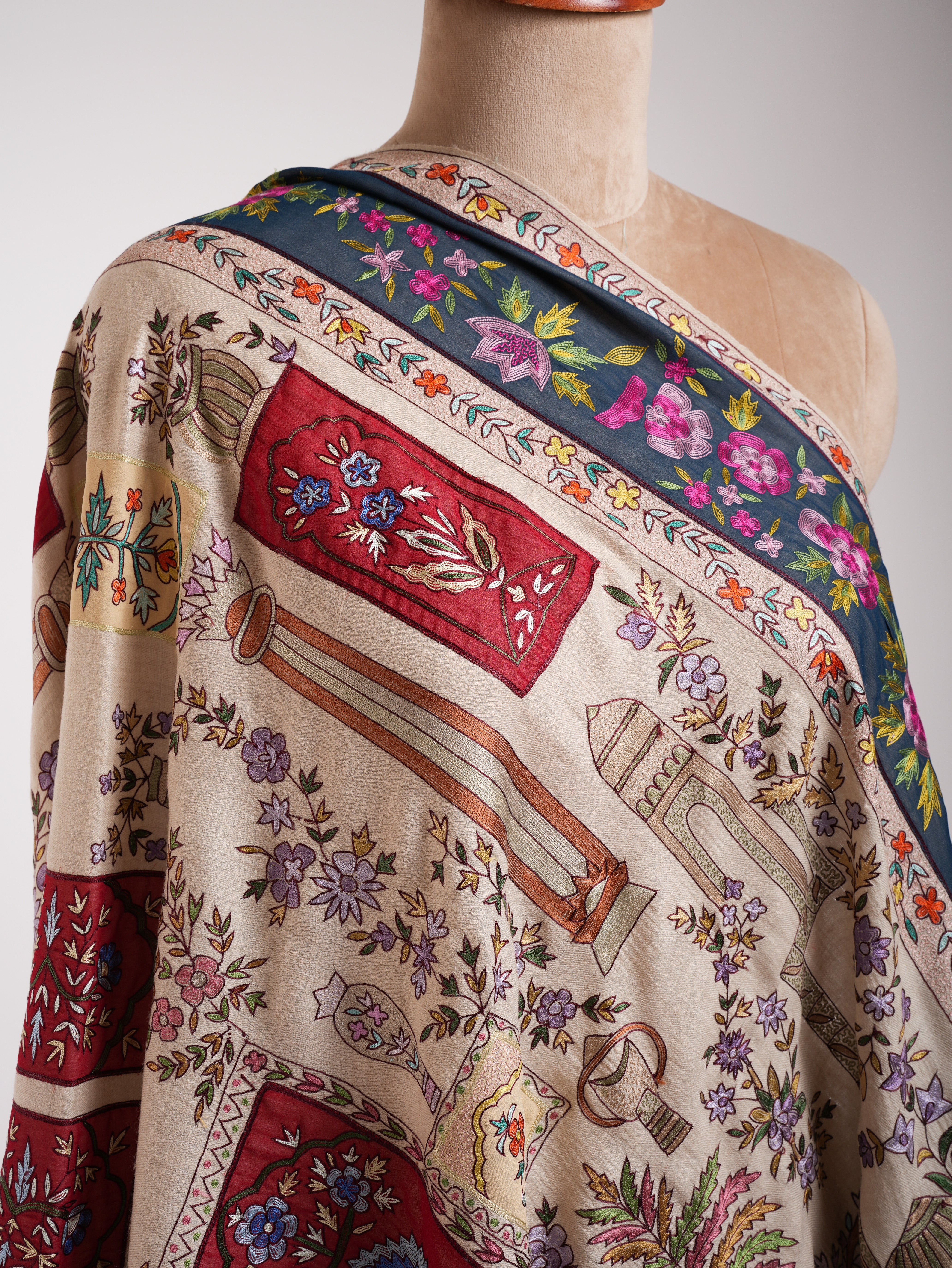 Ivory Hand Embroidered Indian Pashmina Shawl Shahkaar