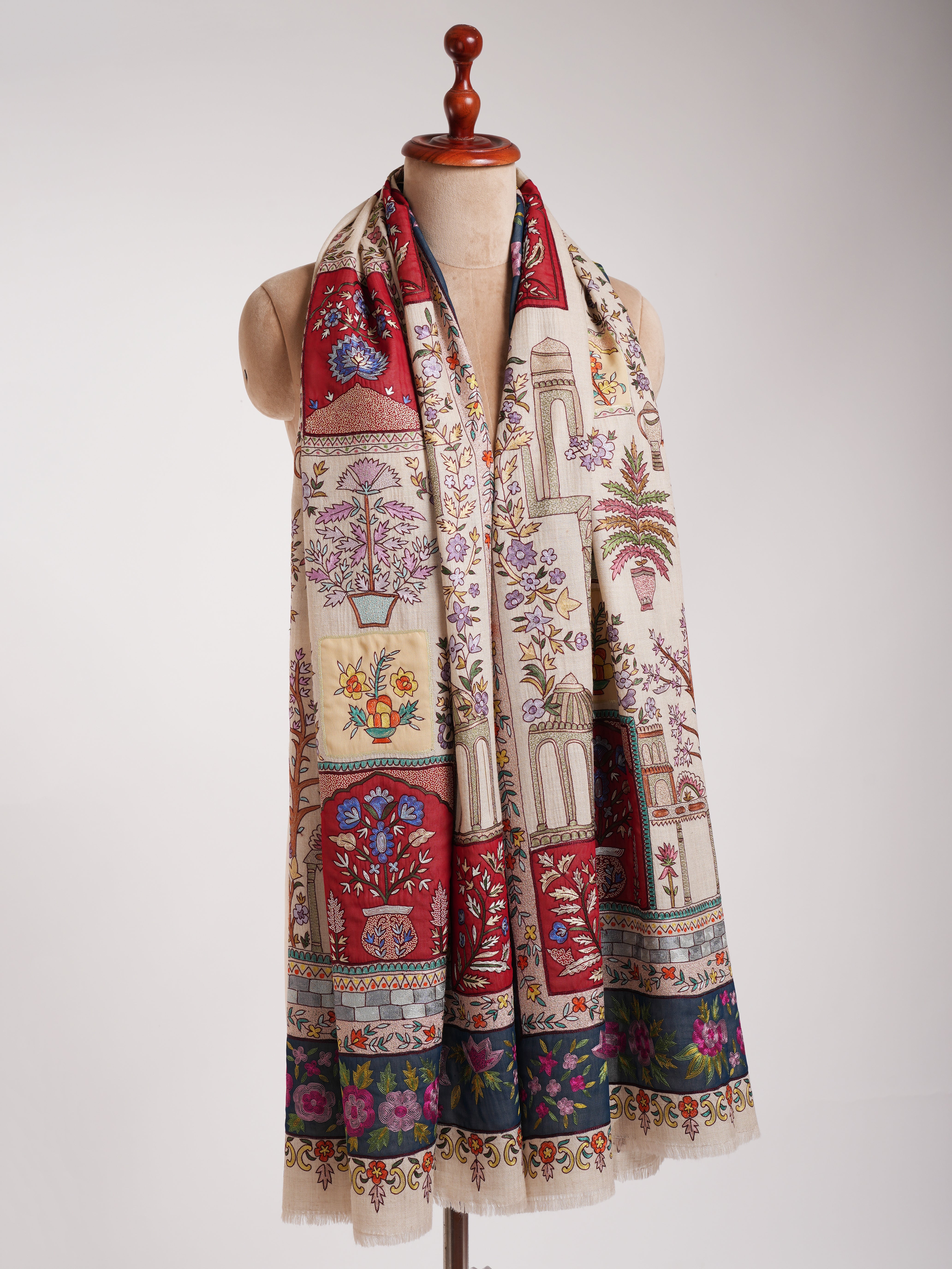 Ivory Hand Embroidered Indian Pashmina Shawl Shahkaar