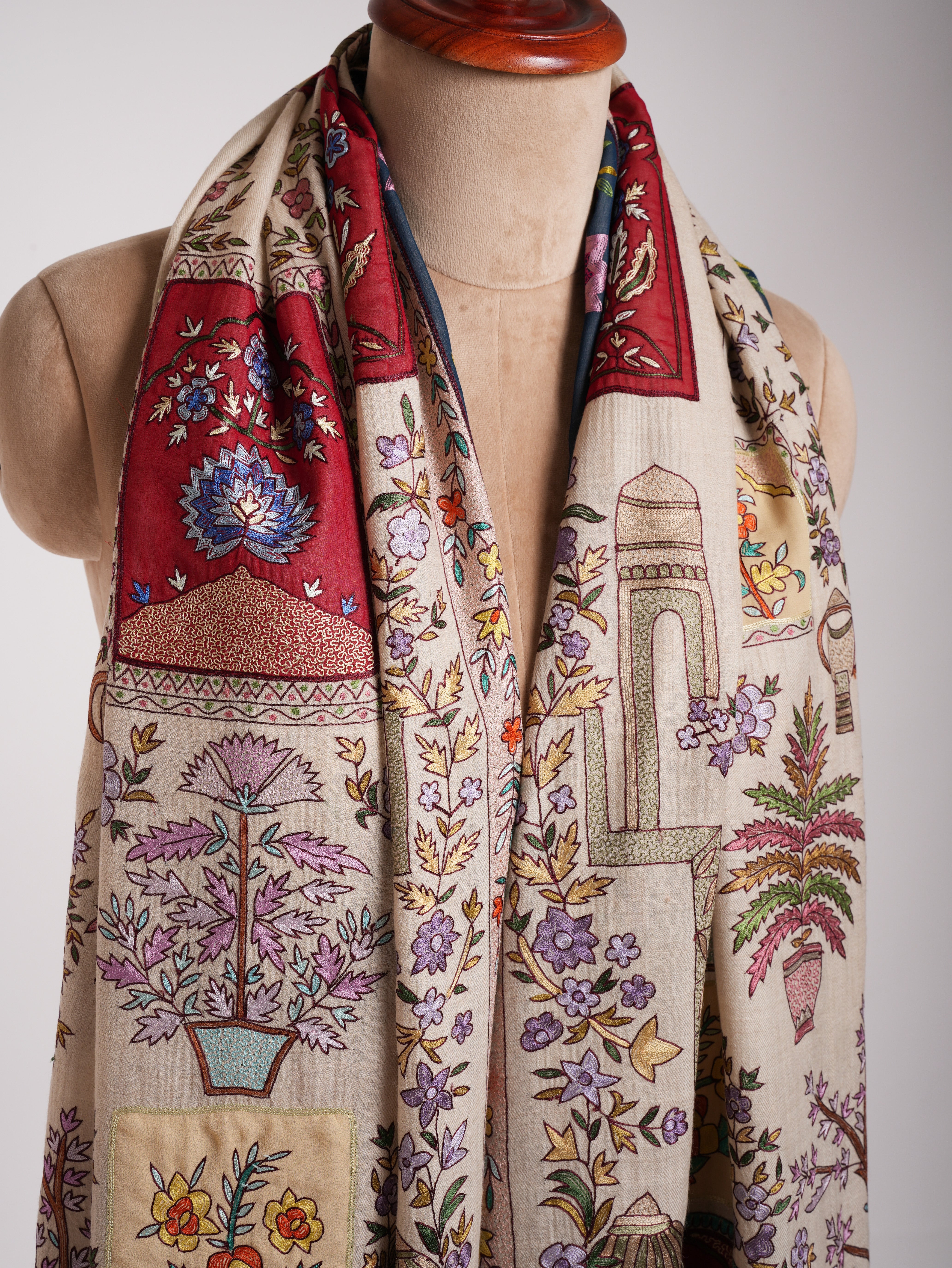 Ivory Hand Embroidered Indian Pashmina Shawl Shahkaar