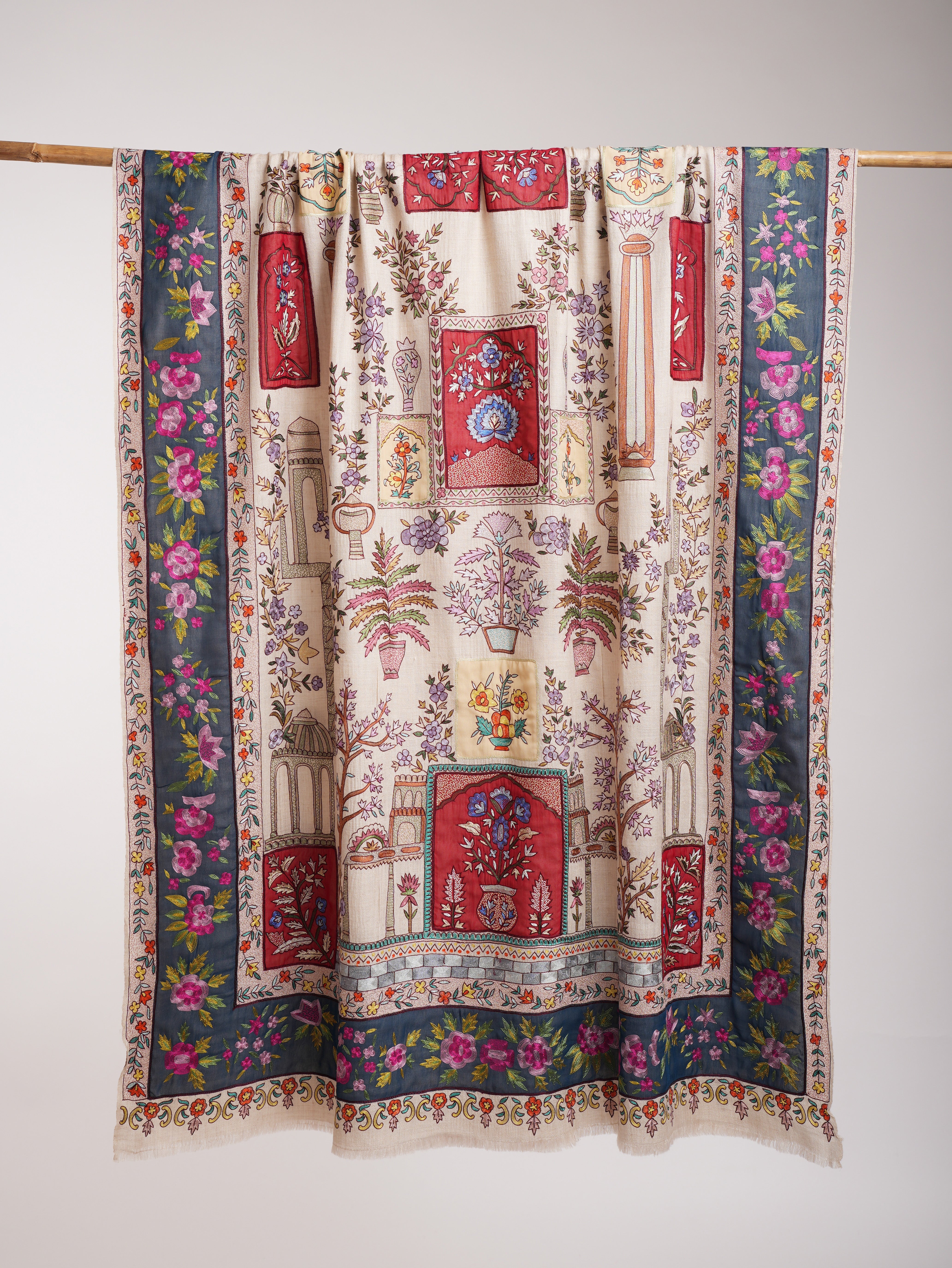 Ivory Hand Embroidered Indian Pashmina Shawl Shahkaar