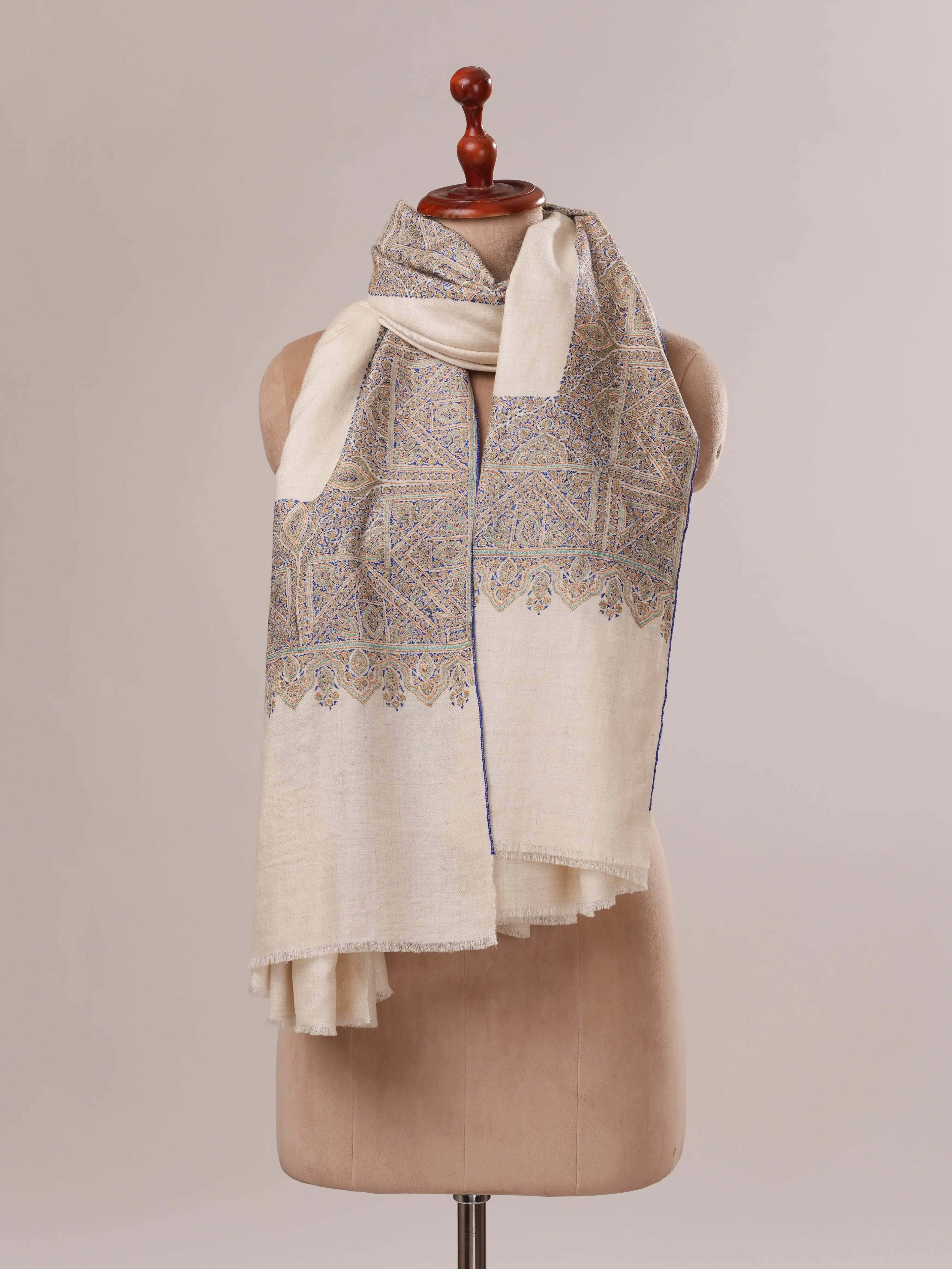 Ivory Kalandaur Pure Pashmina Shawl with Detailed Hand Embroidery Shahkaar.com