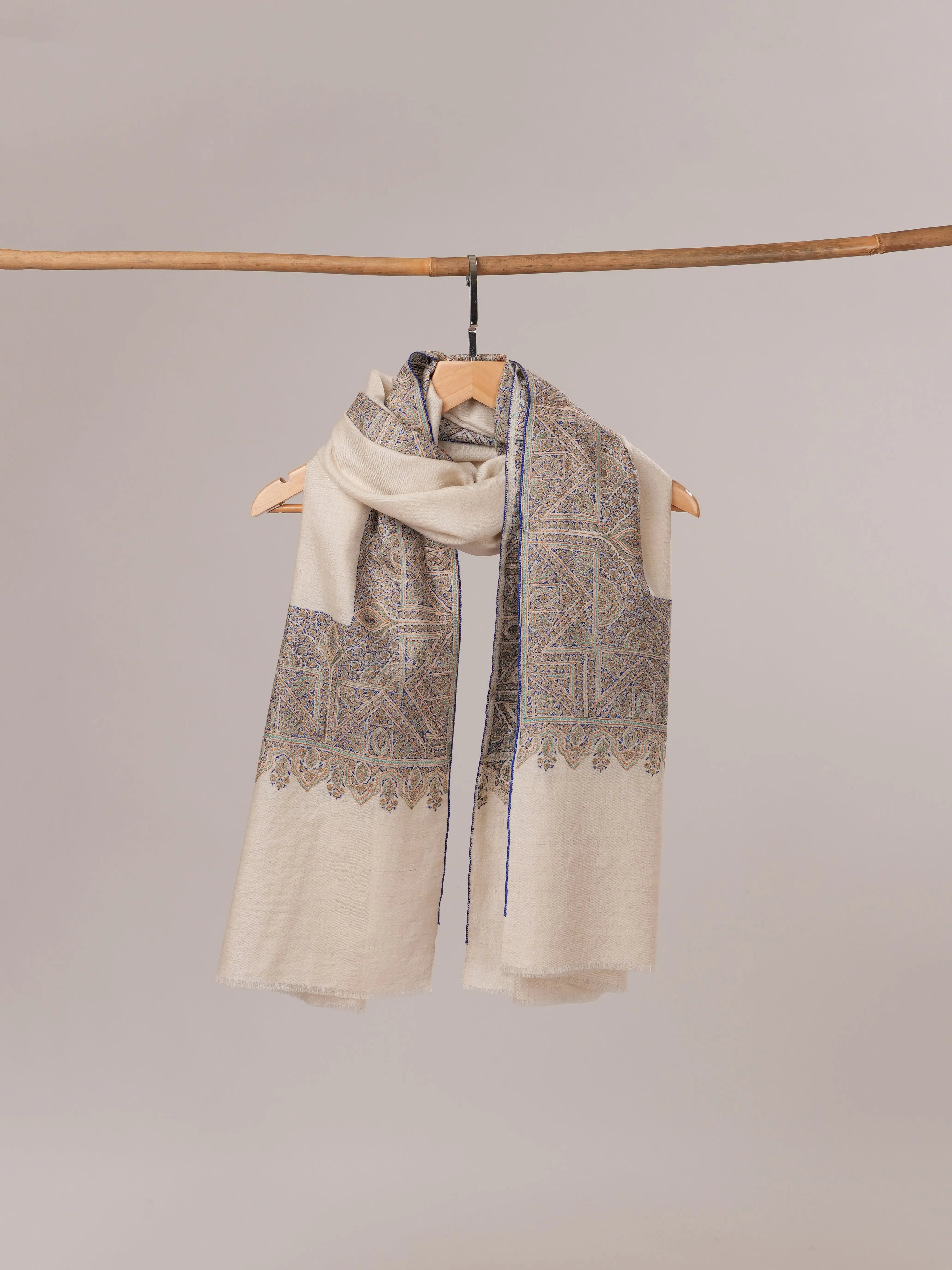 Ivory Kalandaur Pure Pashmina Shawl with Detailed Hand Embroidery Shahkaar.com