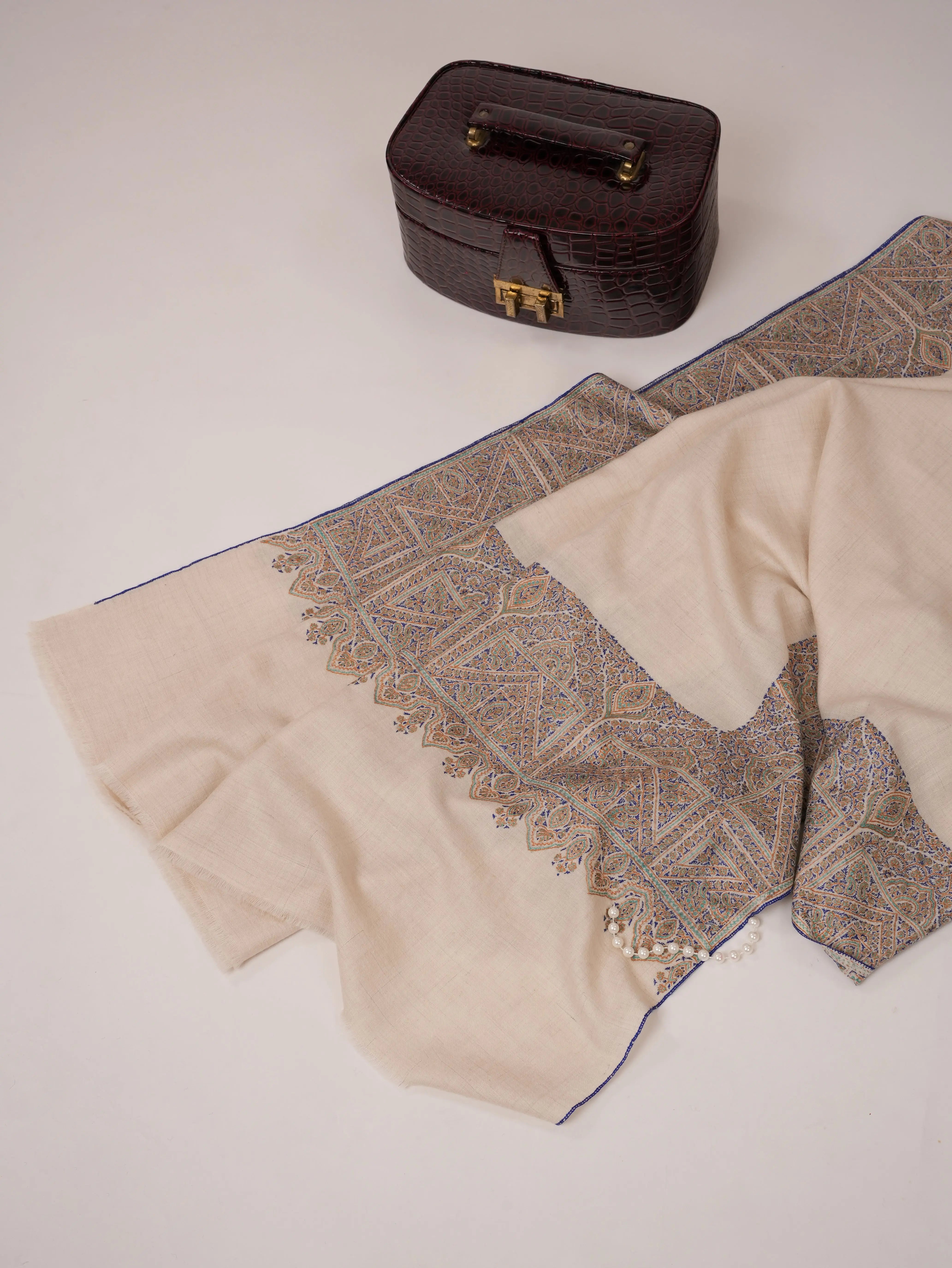 Ivory Kalandaur Pure Pashmina Shawl with Detailed Hand Embroidery Shahkaar.com