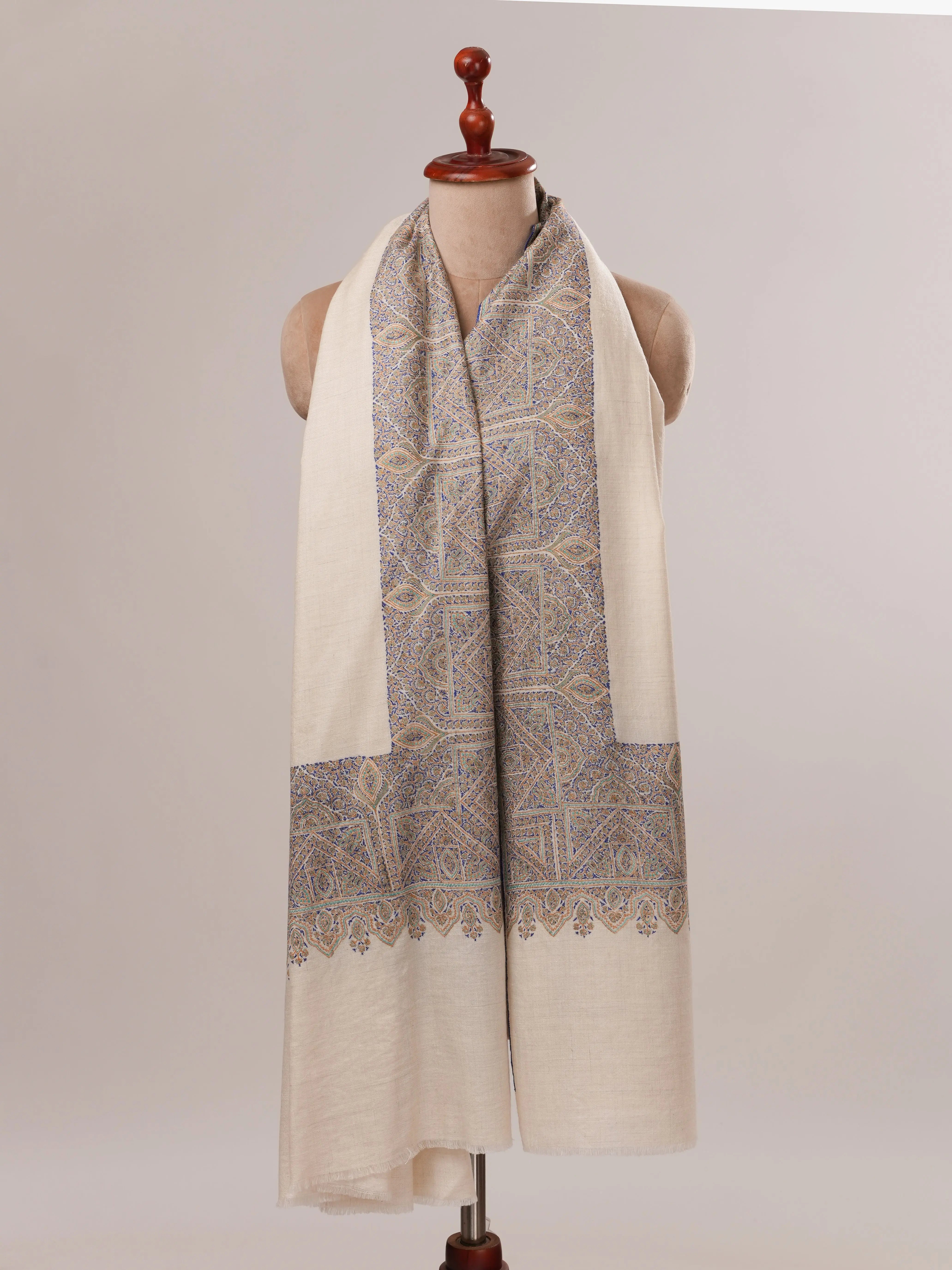 Ivory Kalandaur Pure Pashmina Shawl with Detailed Hand Embroidery Shahkaar.com