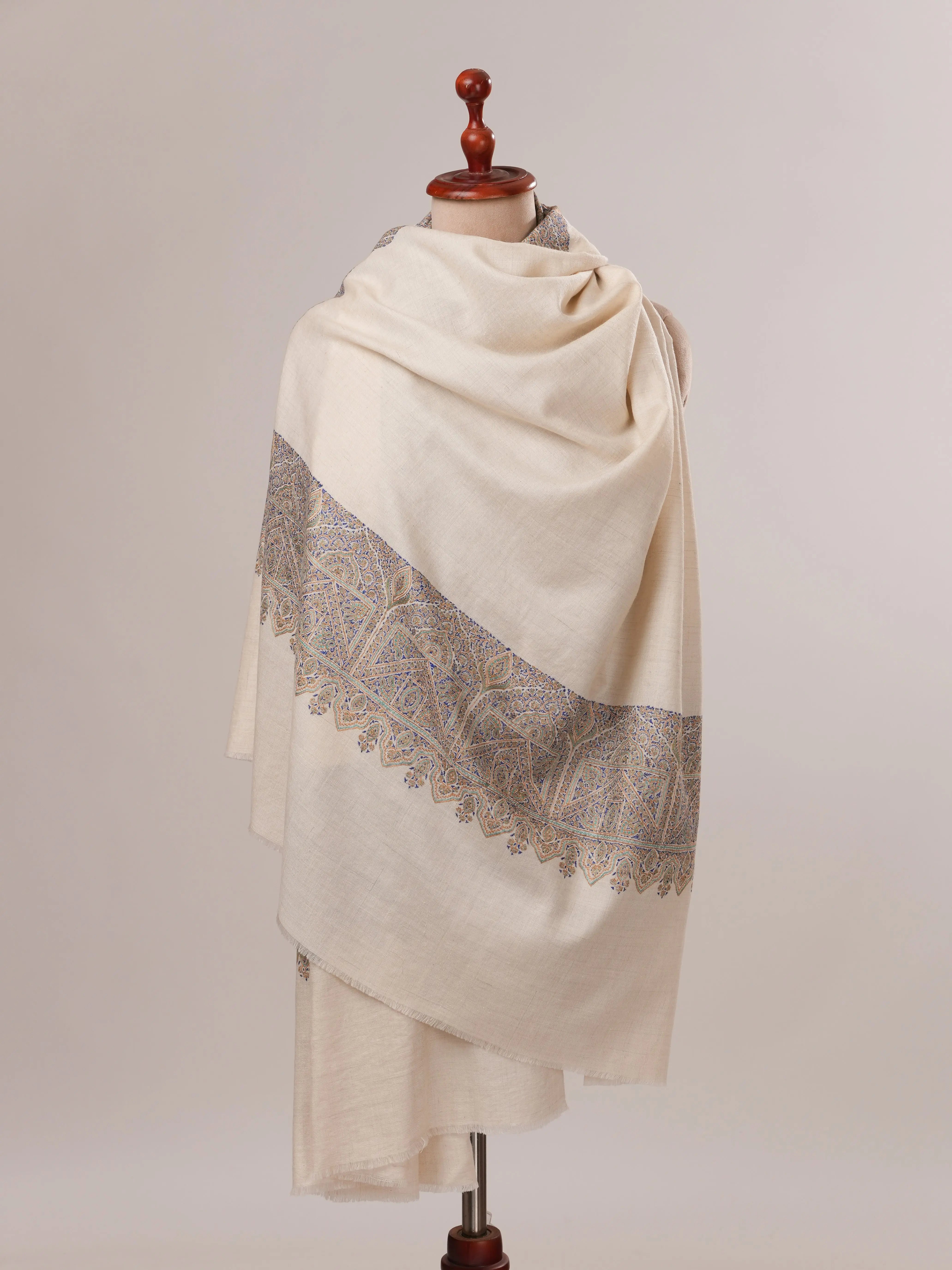 Ivory Kalandaur Pure Pashmina Shawl with Detailed Hand Embroidery Shahkaar.com