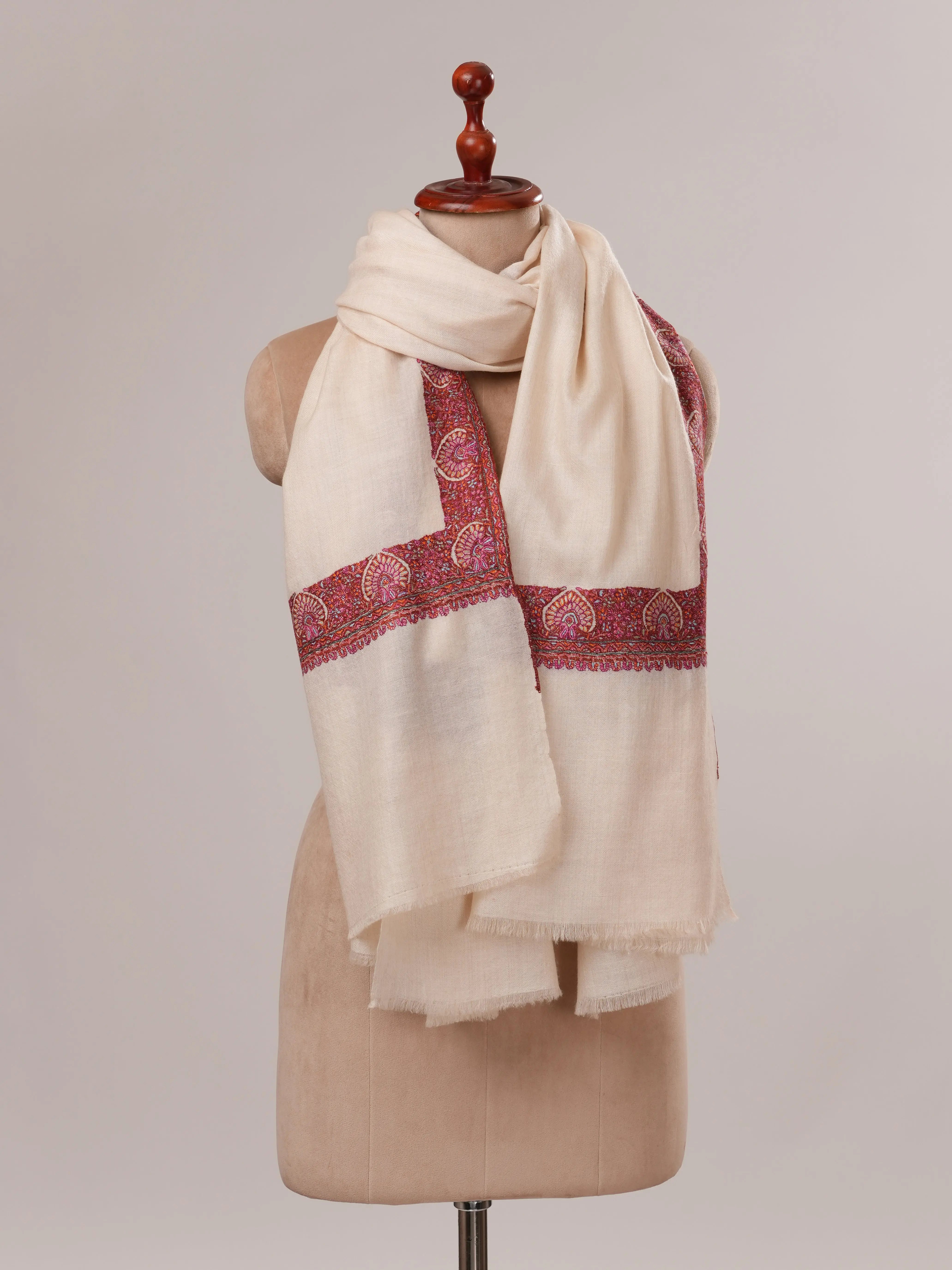 White Neemdaur Hand Embroidered Pure Soft Pashmina Shawl Shahkaar.com