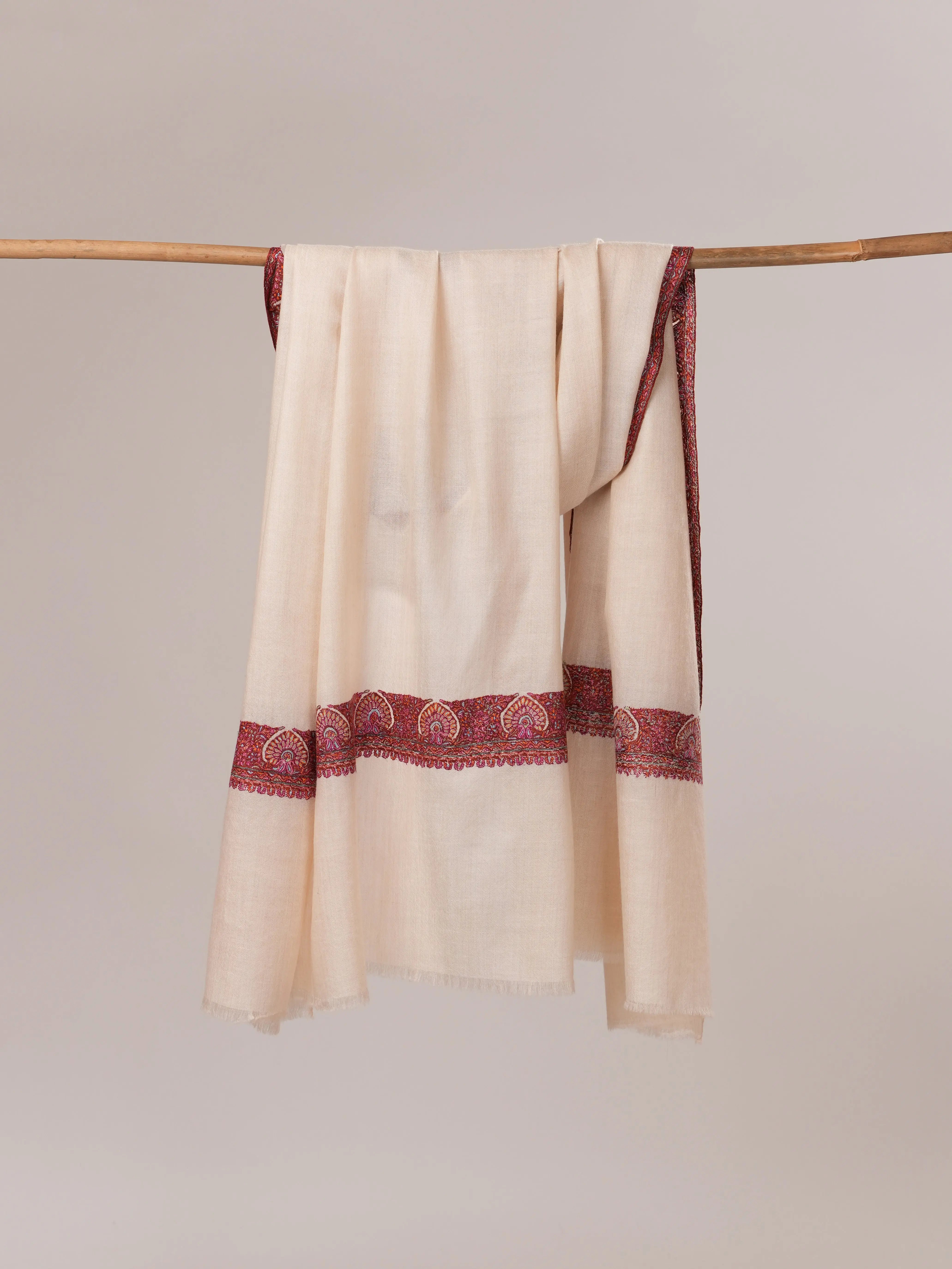 White Neemdaur Hand Embroidered Pure Soft Pashmina Shawl Shahkaar.com
