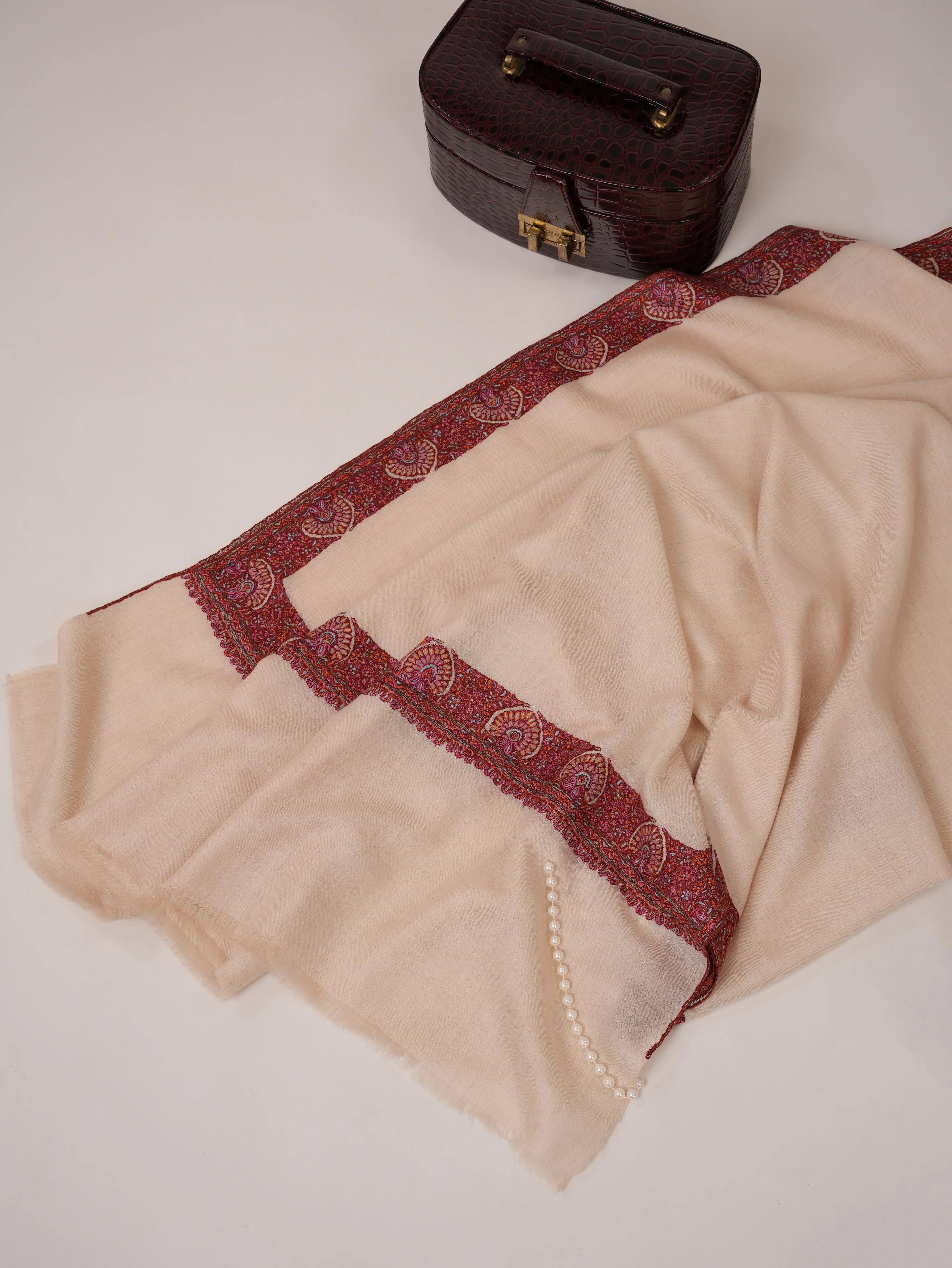 White Neemdaur Hand Embroidered Pure Soft Pashmina Shawl Shahkaar.com