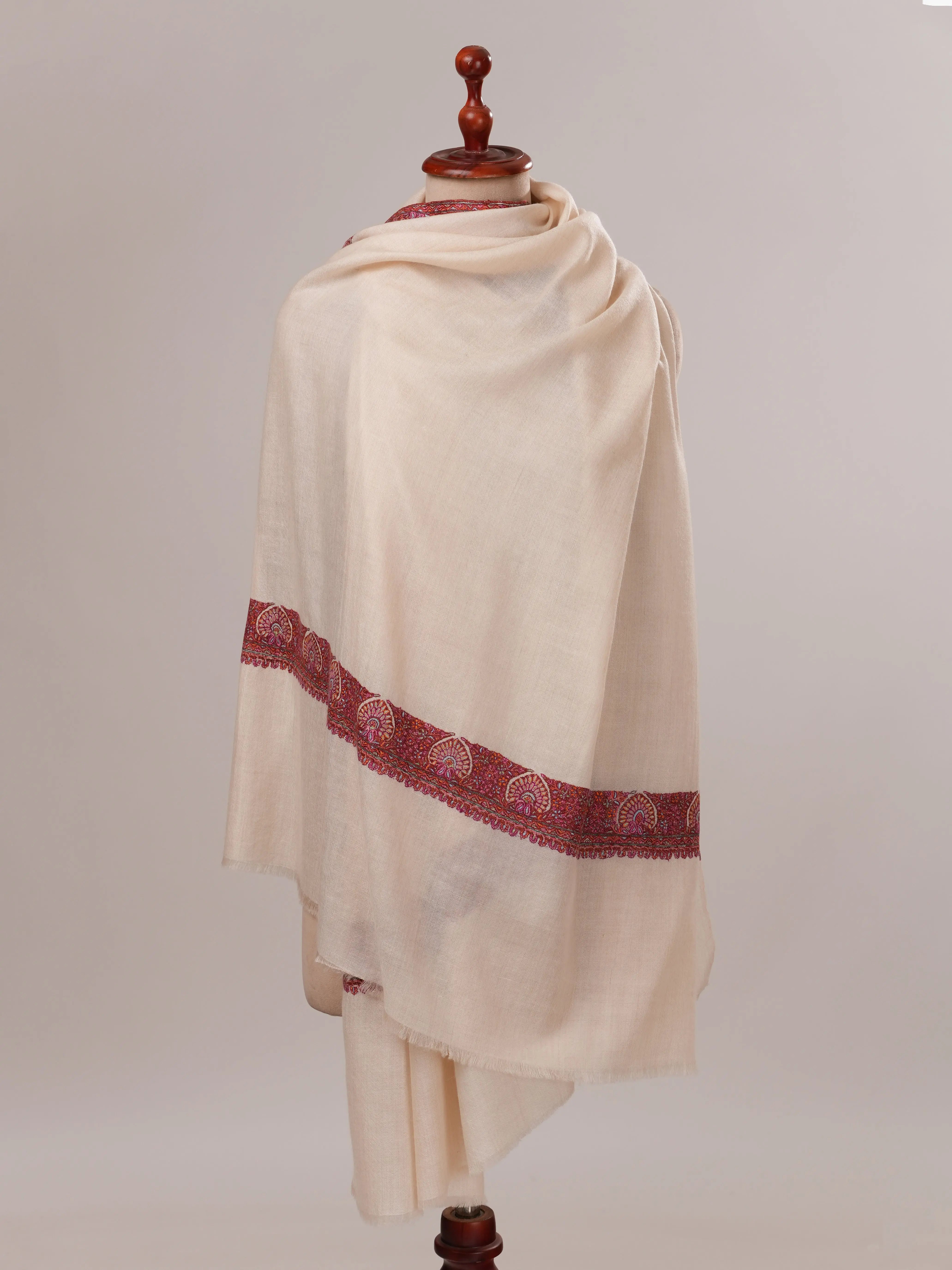 White Neemdaur Hand Embroidered Pure Soft Pashmina Shawl Shahkaar.com
