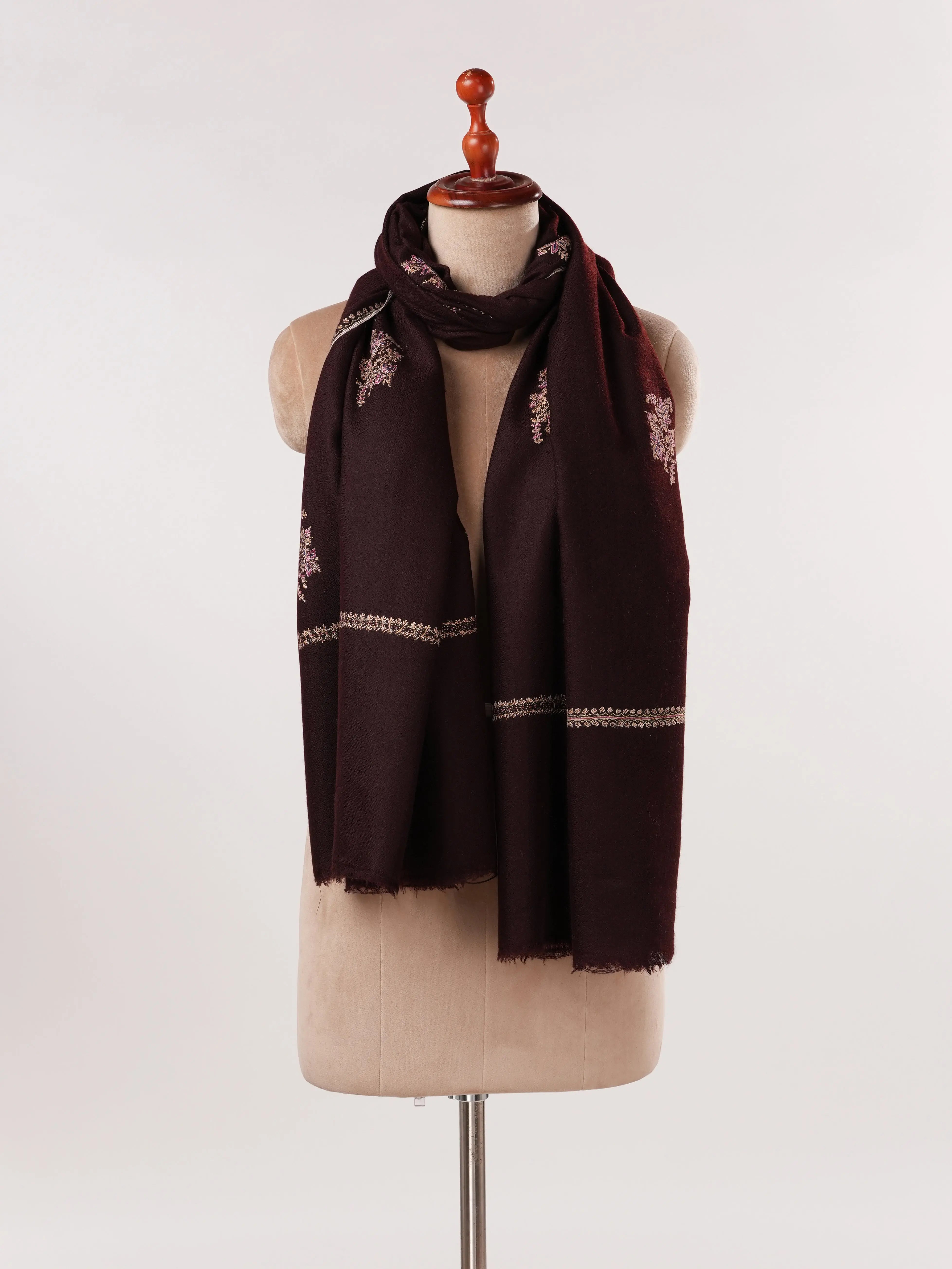Handwoven Dark Brown Pashmina Shawl with Buteh Embroidery Shahkaar.com