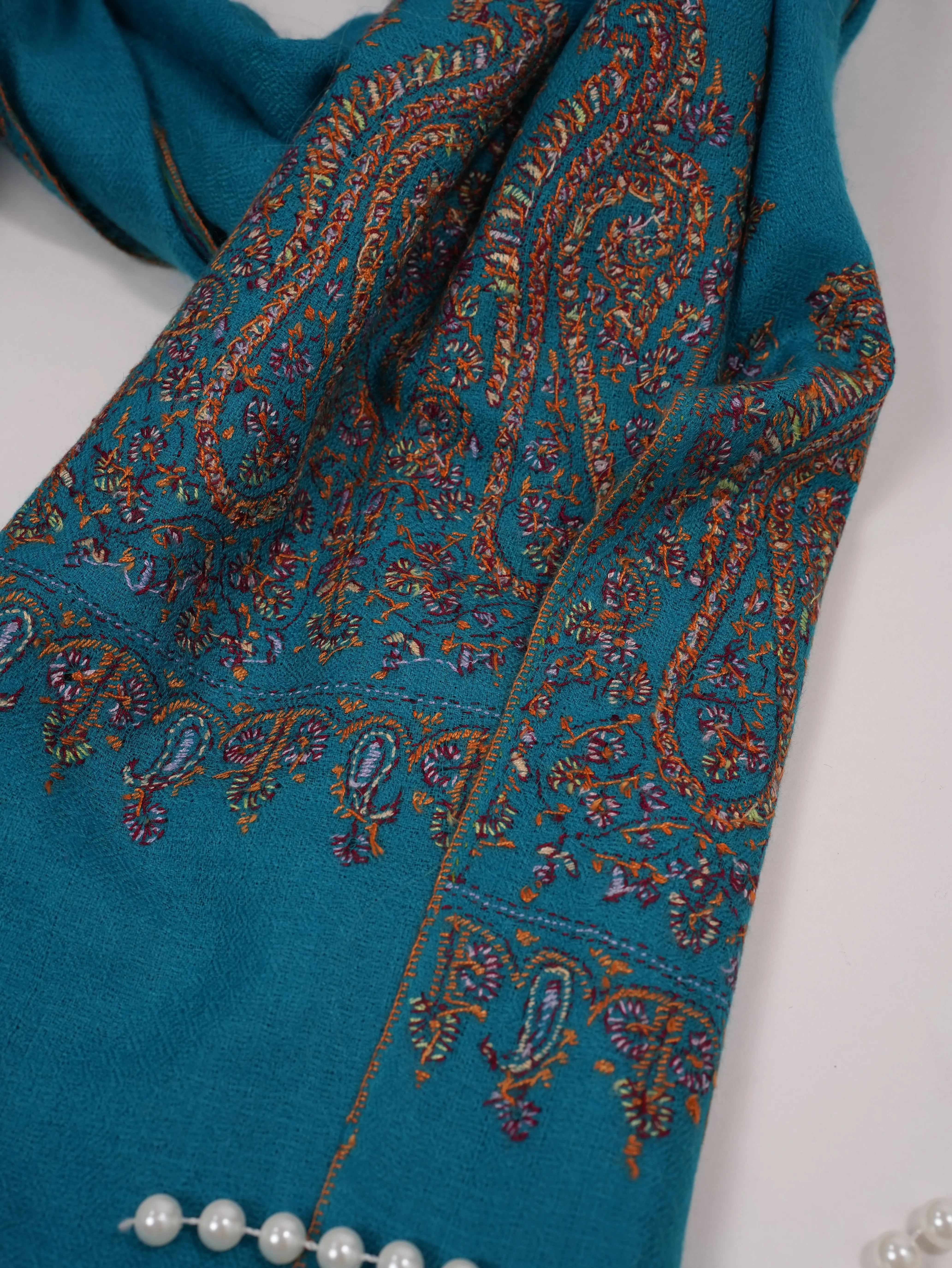 Blue Handwoven Cashmere Scarf with Palldar Sozni Embroidery Shahkaar.com